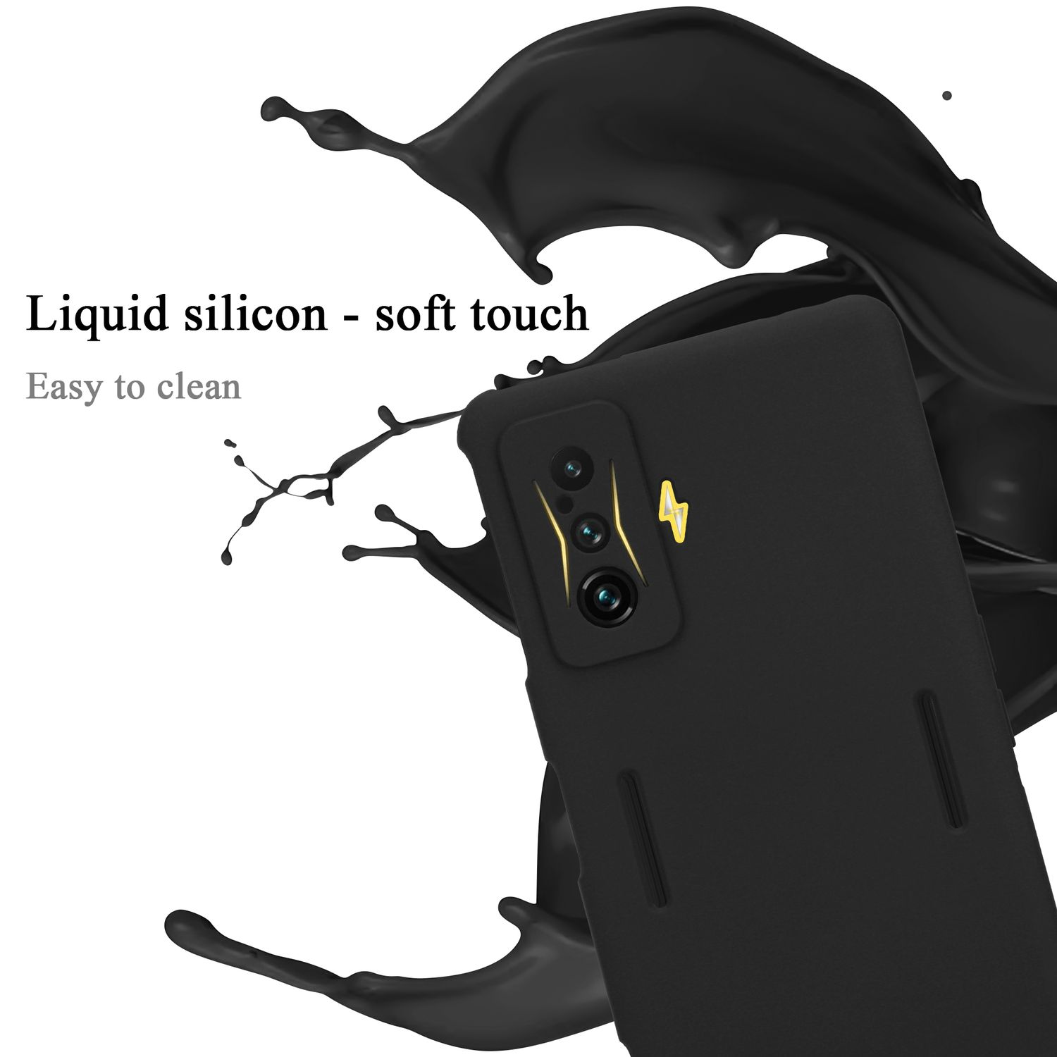 Custodia nera per telefono con schizzo di liquido. Silicone liquido - tocco morbido, facile da pulire. Retro con fori e logo giallo.