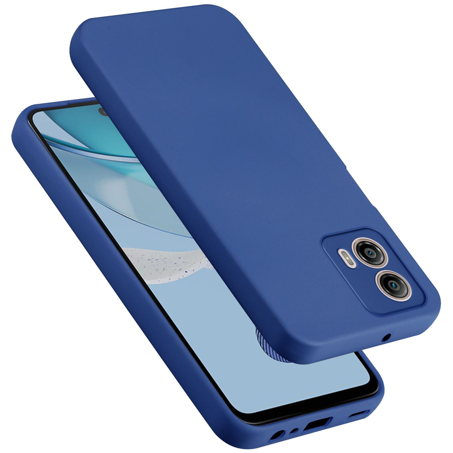 Blaue Handyhülle. Sie schützt das Telefon. Der Hintergrund ist weiß.
