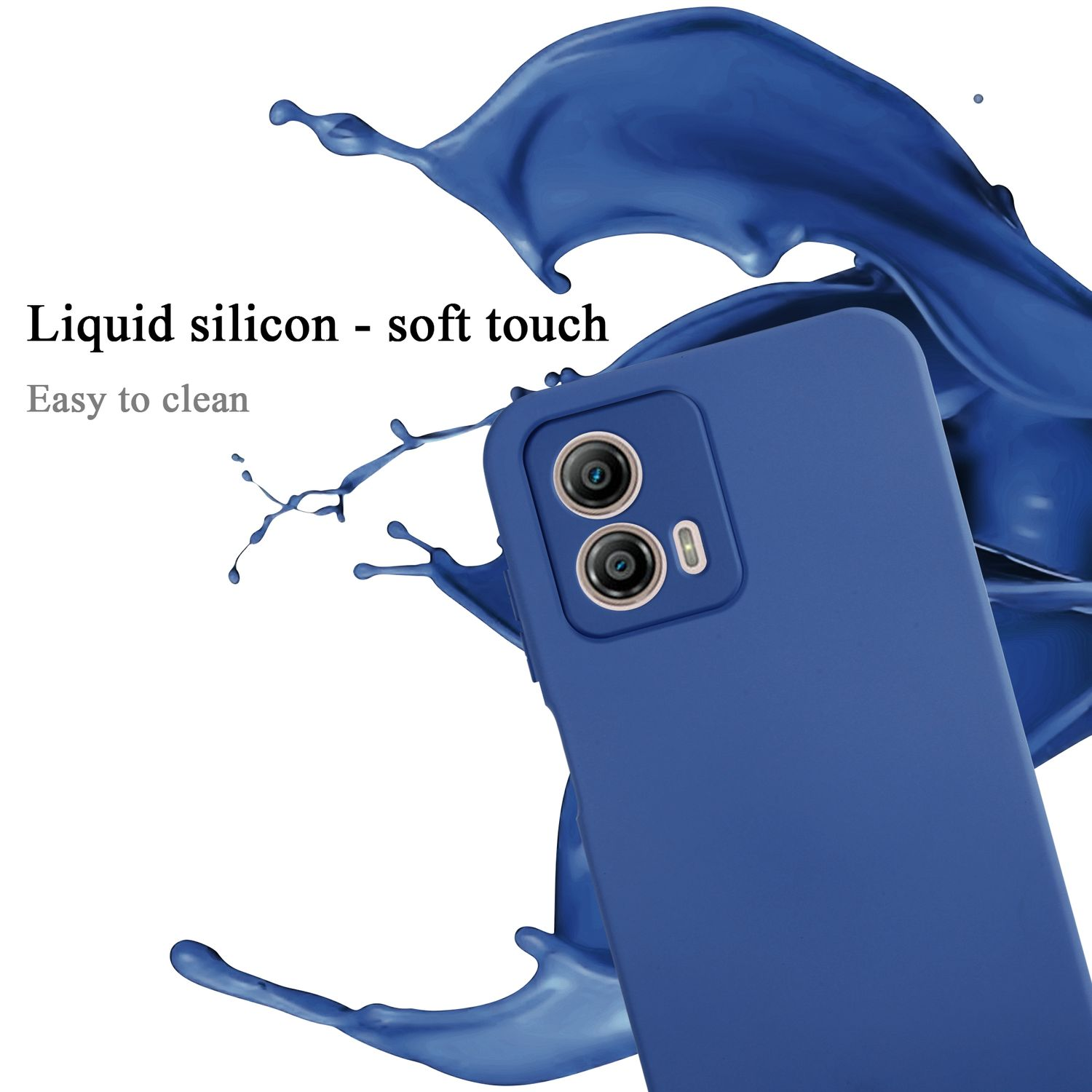 Blaue Handyhülle mit Telefon, zwei Kameralinsen und Flüssigkeitsspritzern.