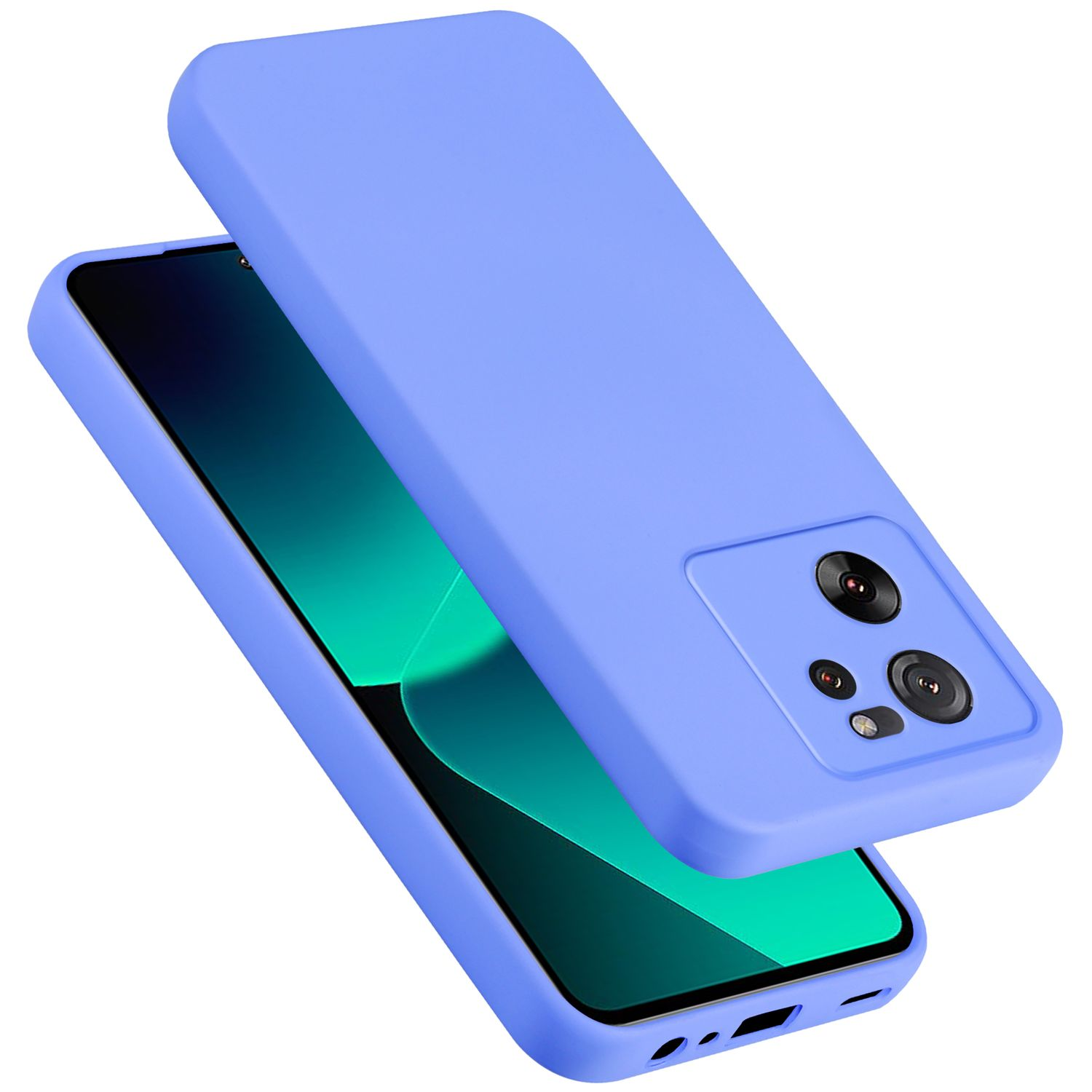 Lila Handyhülle mit einem Telefon darin, schräge Ansicht, die Kameras und den Bildschirm des Telefons zeigt.