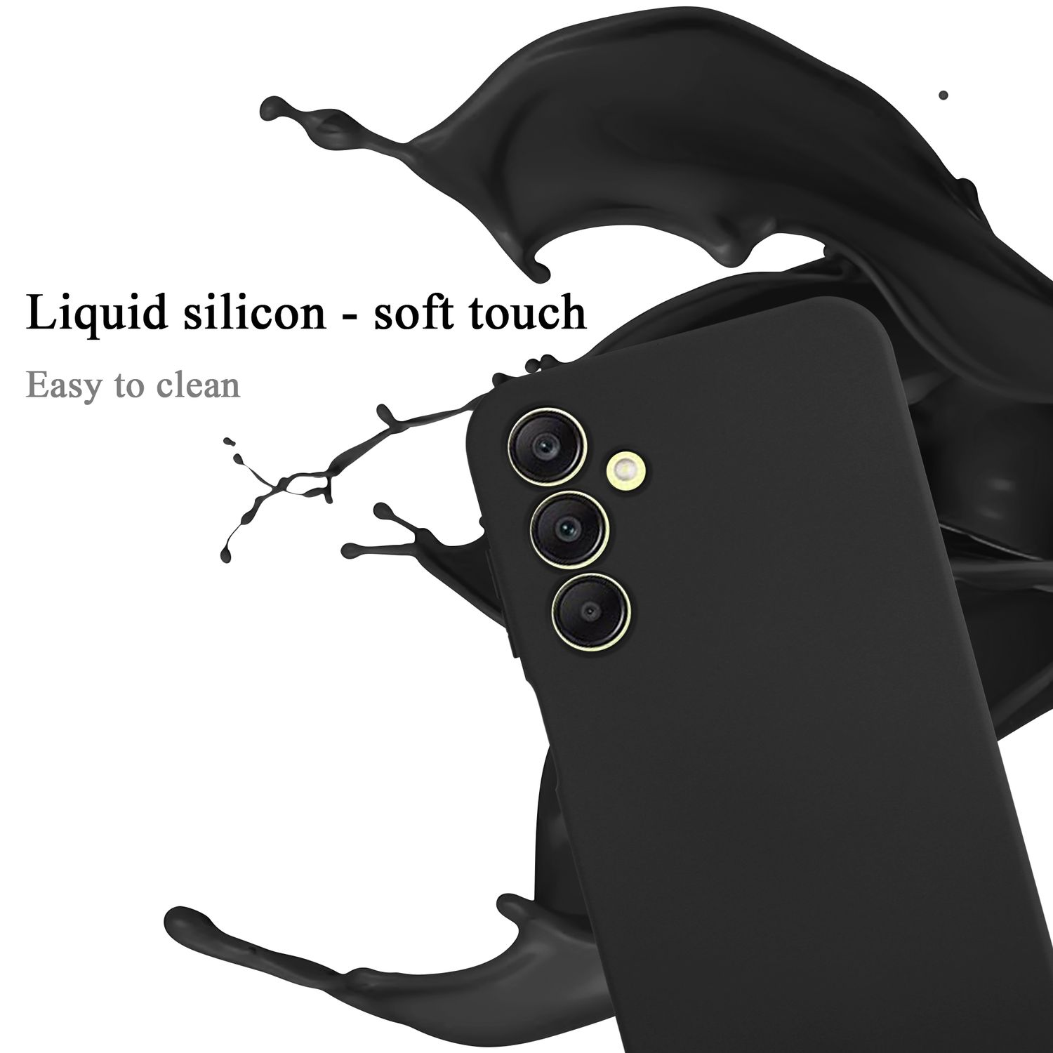 Schwarze Handyhülle mit schwarzem Flüssigkeitsspritzer und Text über Liquid-Silikon-Soft-Touch.