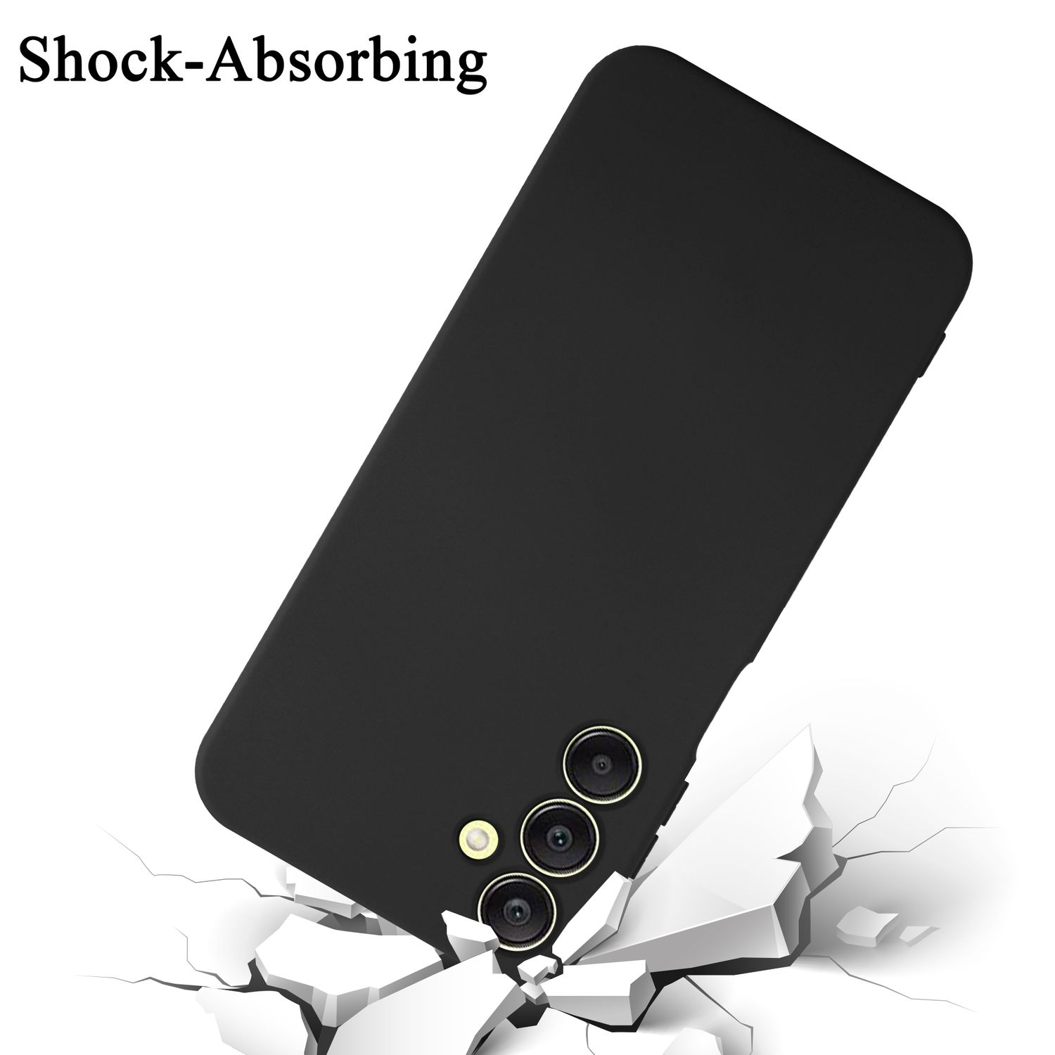 Schwarze Handyhülle, angewinkelt, zerbricht den Boden darunter. Text 'Shock-Absorbing'.