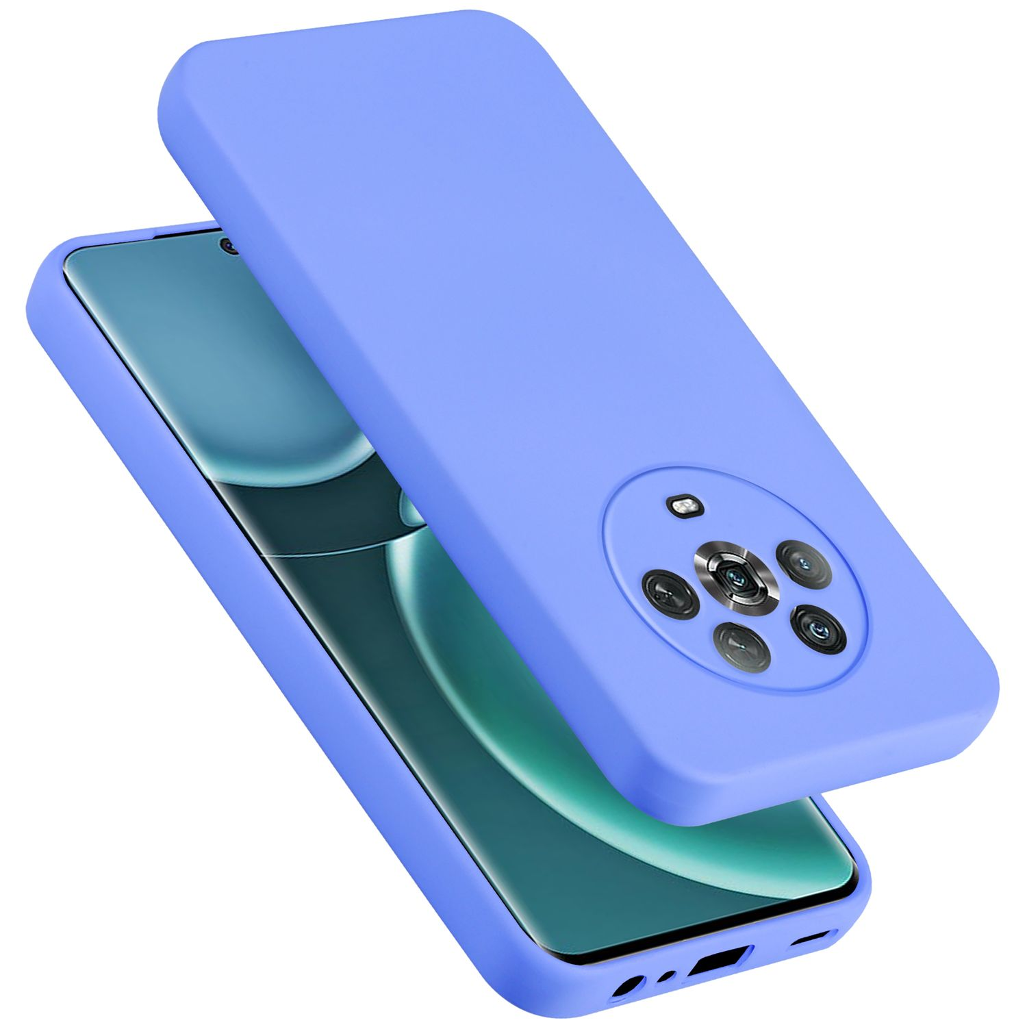 Una custodia per telefono azzurra con un telefono dentro. La custodia copre la parte posteriore e i lati del telefono.
