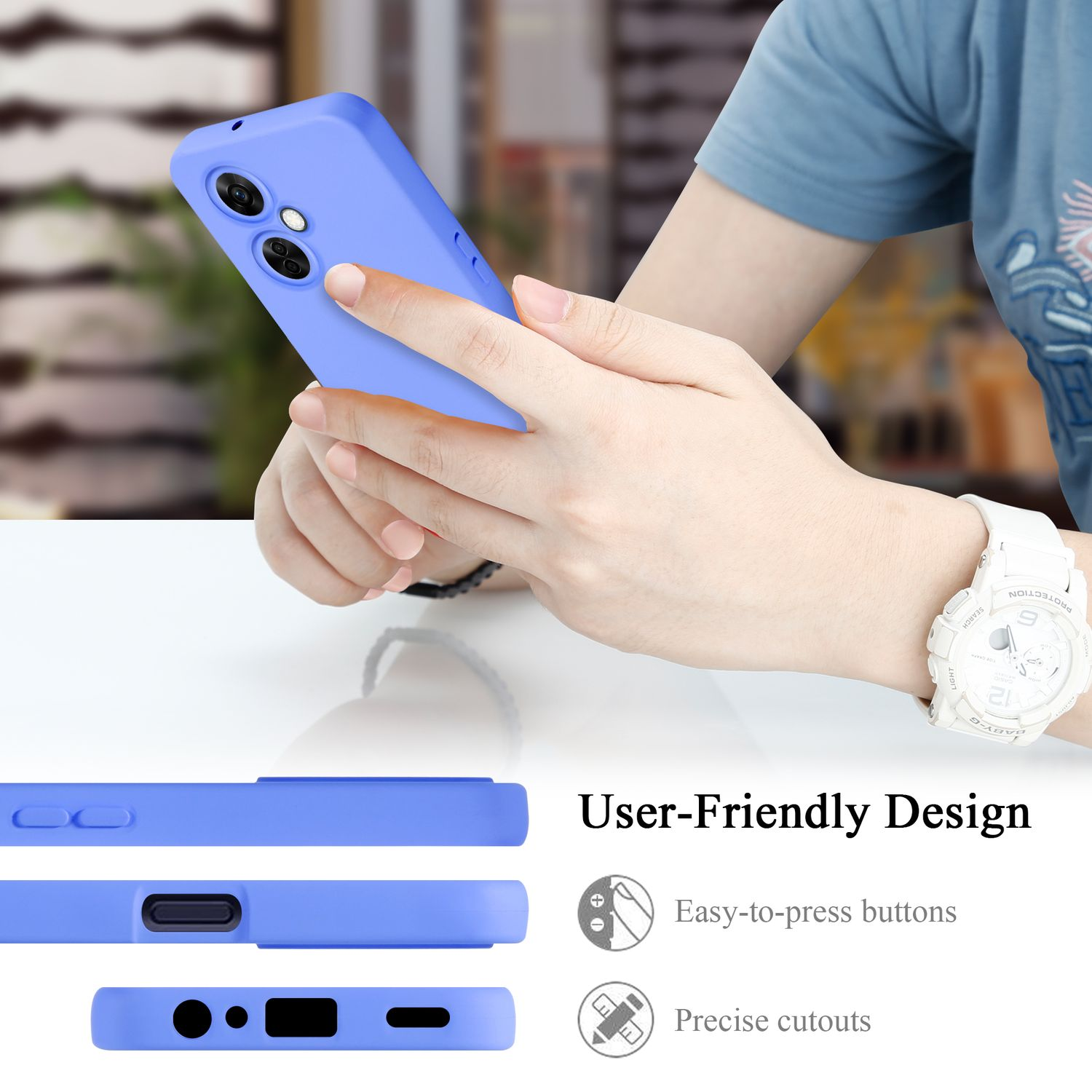 Custodia blu per telefono con telefono e funzionalità. Sfondo bianco. Mani che tengono la custodia.