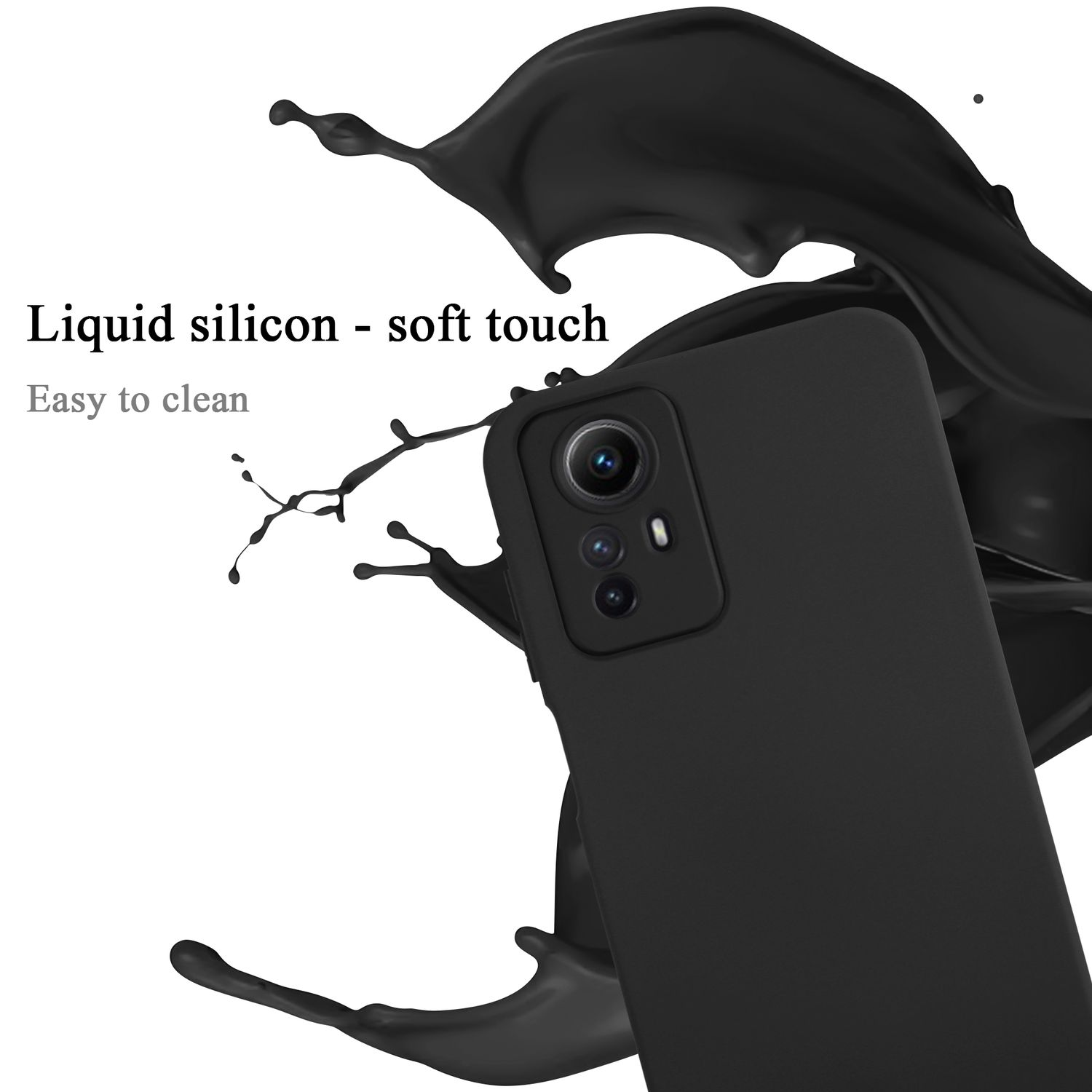 Eine schwarze Handyhülle mit einem Telefon. Schwarze Farbspritzer herum. Text: Flüssiges Silikon - Soft-Touch. Leicht zu reinigen.