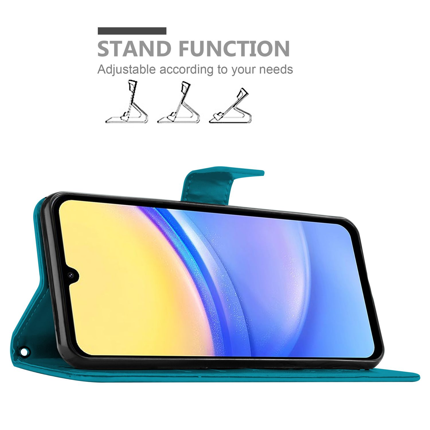 Custodia per telefono verde acqua con telefono, funzione stand. Schermo colorato. Sfondo bianco.