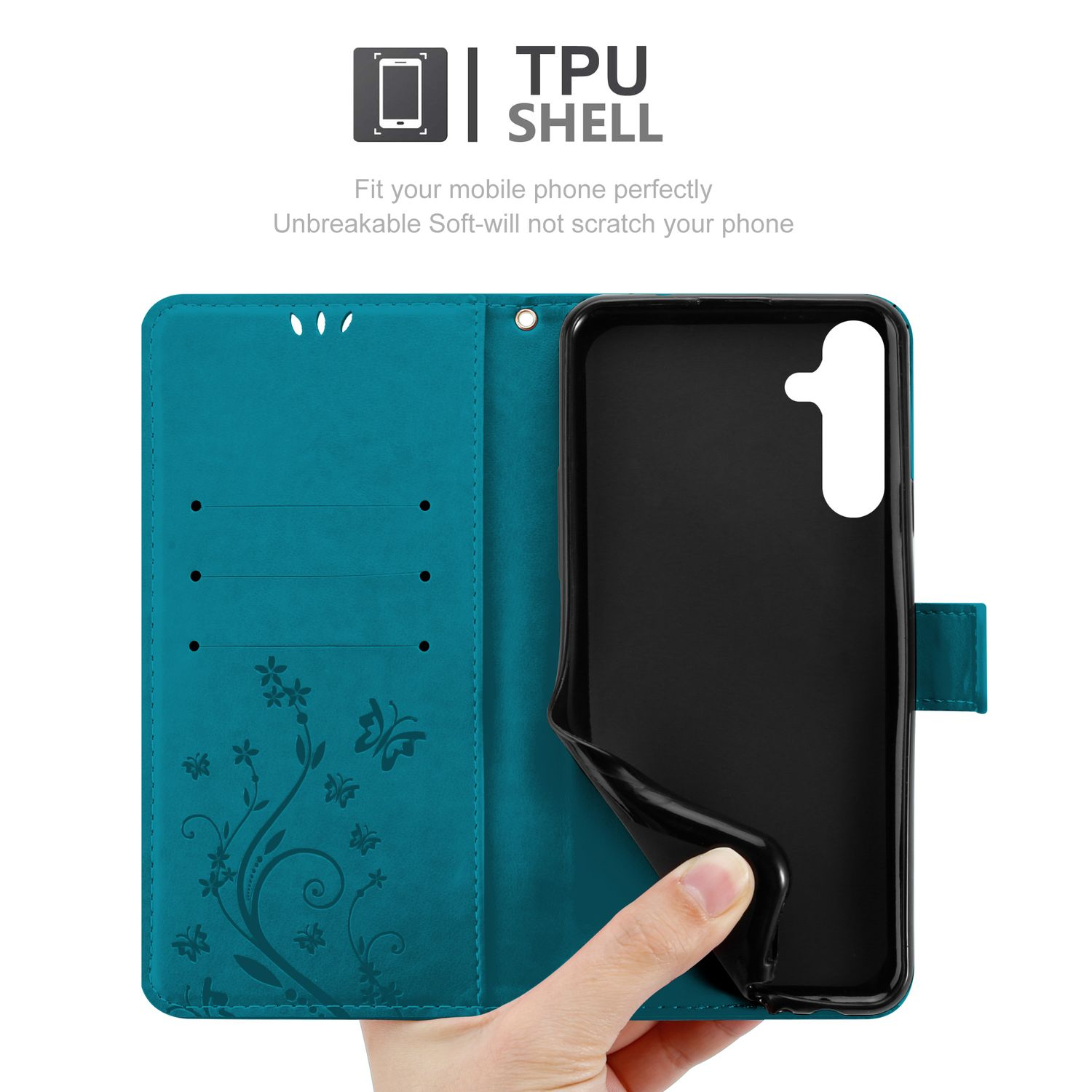 Custodia del telefono verde acqua aperta, che mostra l'interno e la cover con design floreale. Mano che tiene la custodia.