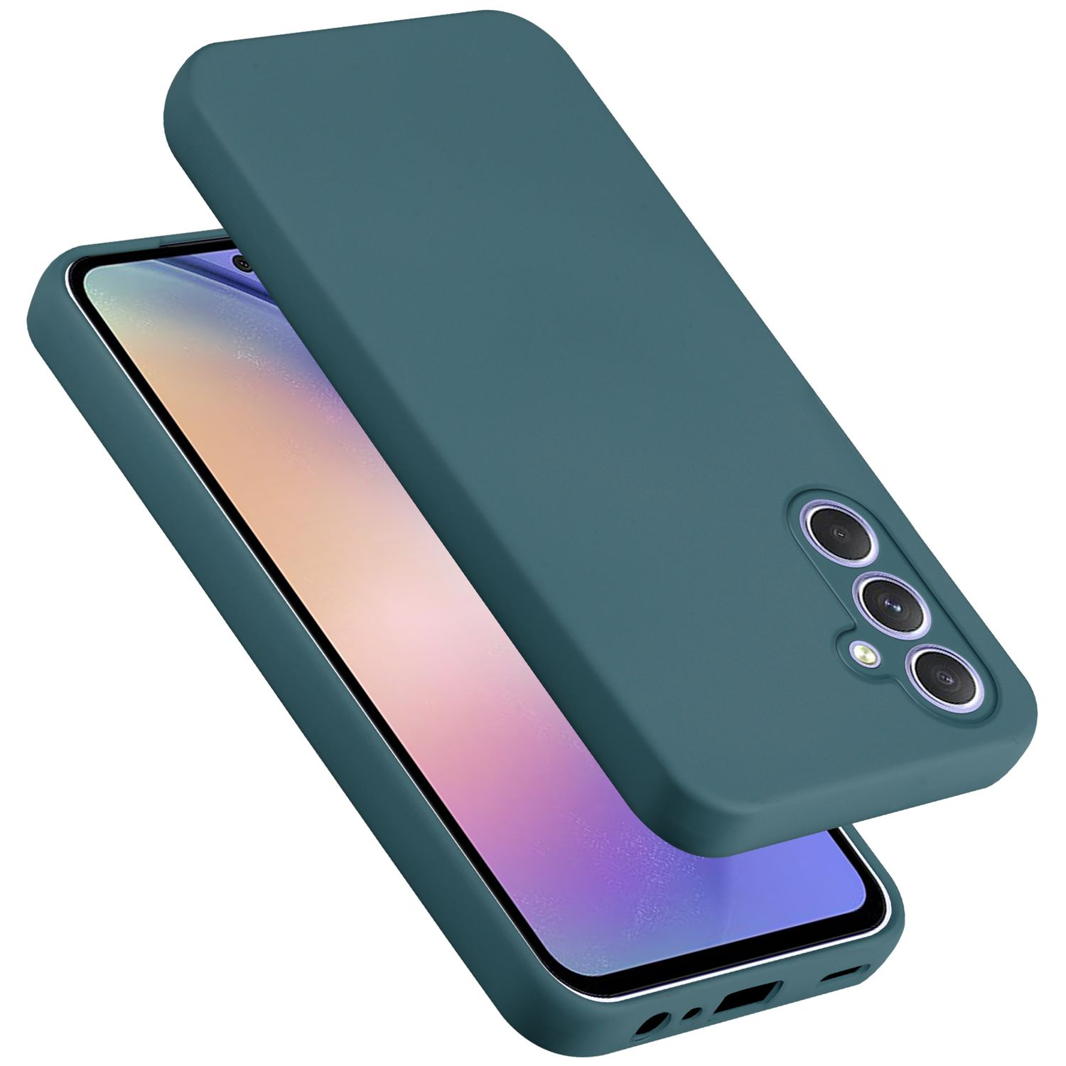 Türkisfarbene Handyhülle mit einem Handy darin. Das Handy hat einen Bildschirm mit farbenfrohem Hintergrund und mehreren Kameras.