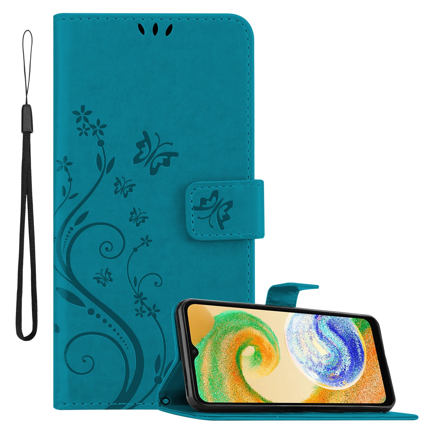 Custodia per telefono verde acqua aperta con un telefono all'interno. La custodia ha un motivo floreale e un cinturino.