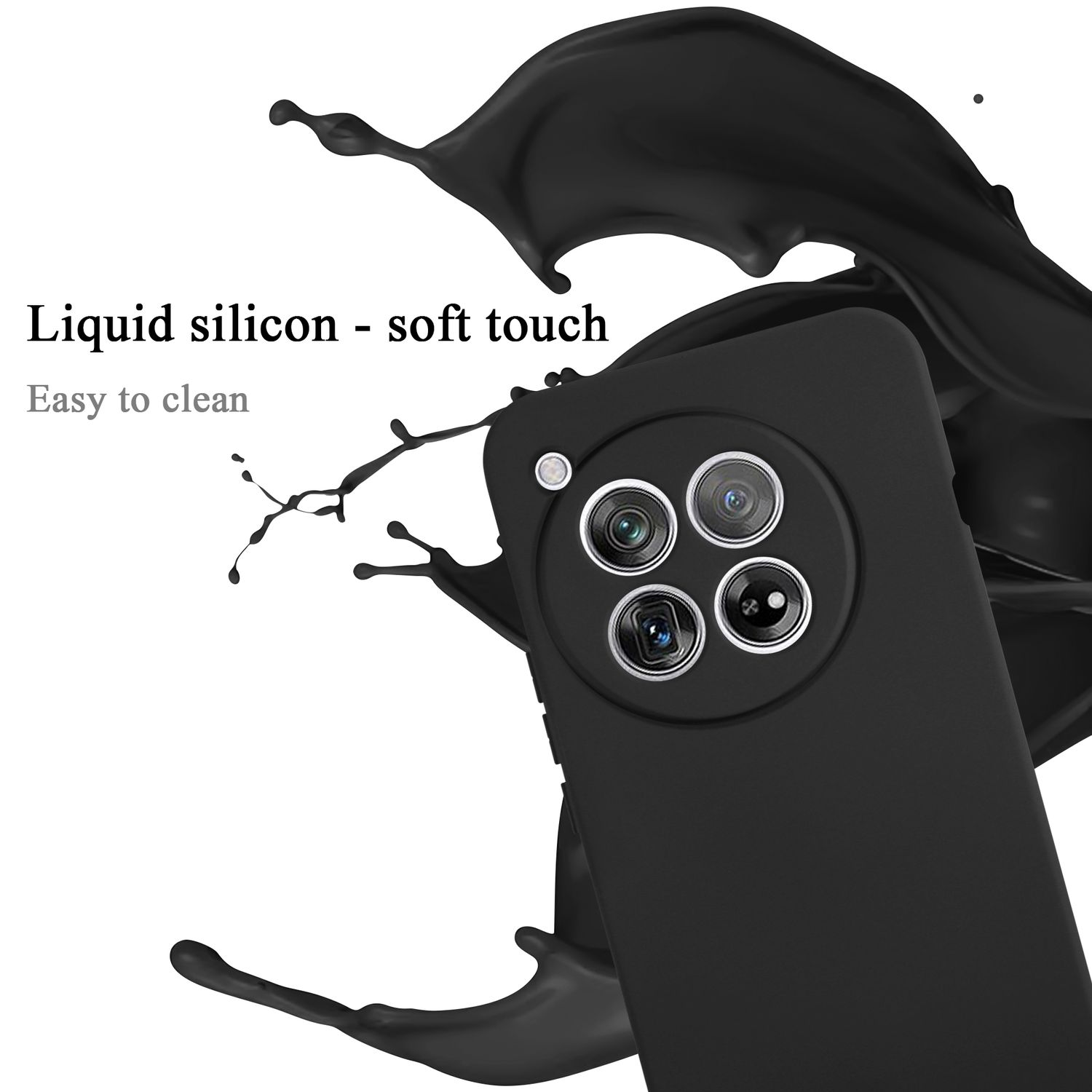 Custodia per telefono nera con silicone liquido e schizzo di liquido nero.