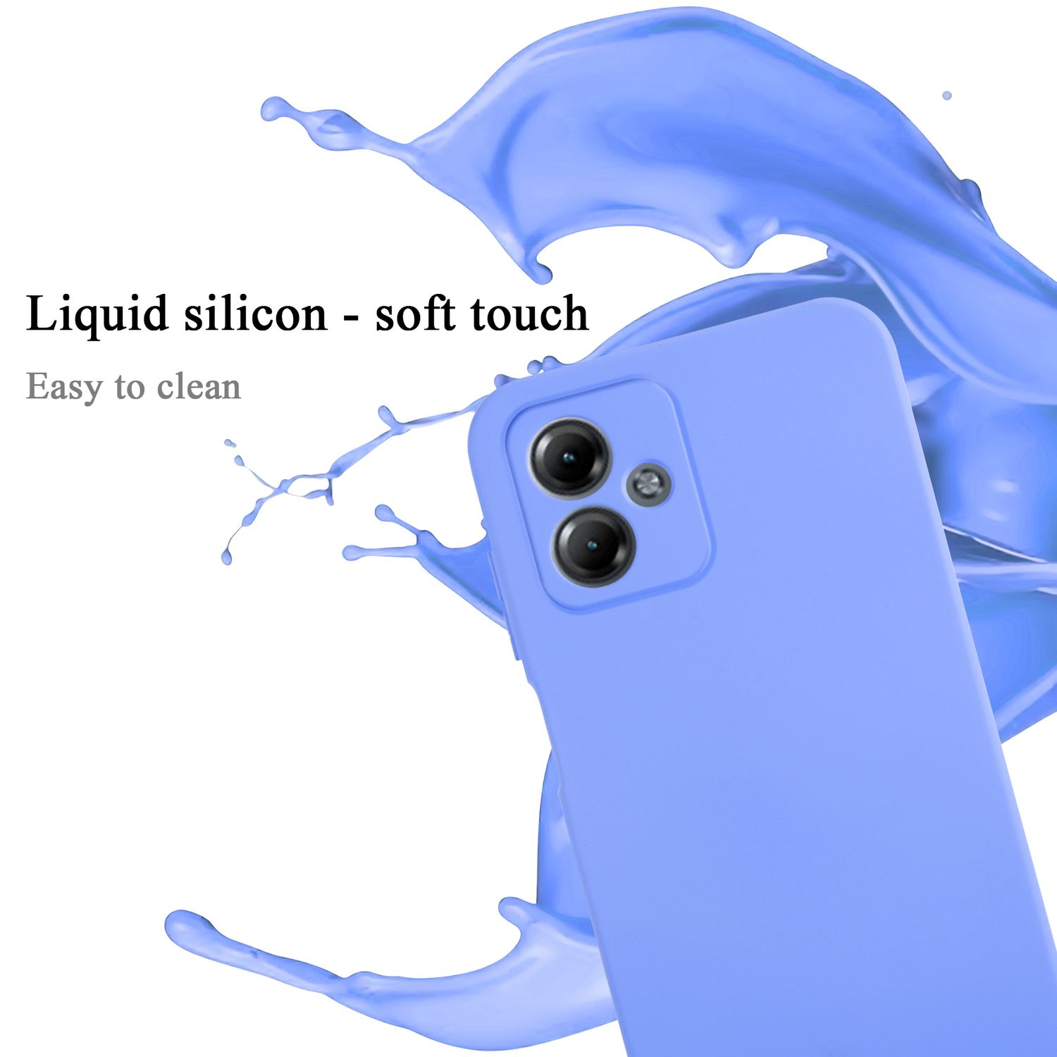 Una custodia azzurra con due lenti della fotocamera ed effetto schizzo di liquido.