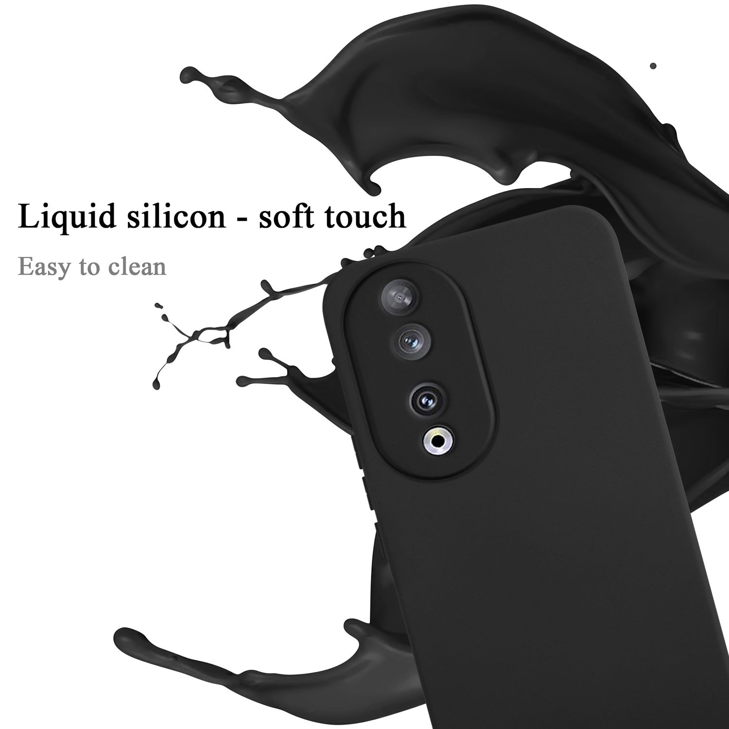 Una custodia nera per telefono con silicone liquido. Ha una fotocamera.