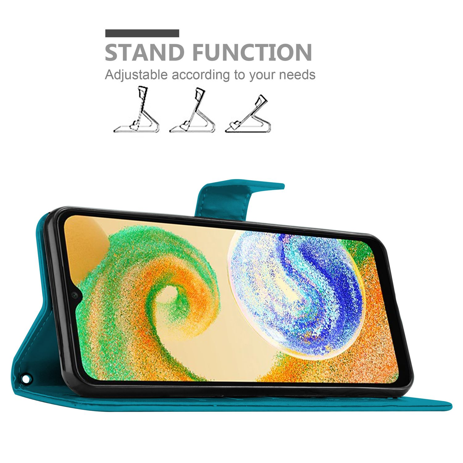 Custodia per telefono verde acqua con telefono che mostra uno schermo. Funzione stand. Sfondo bianco.