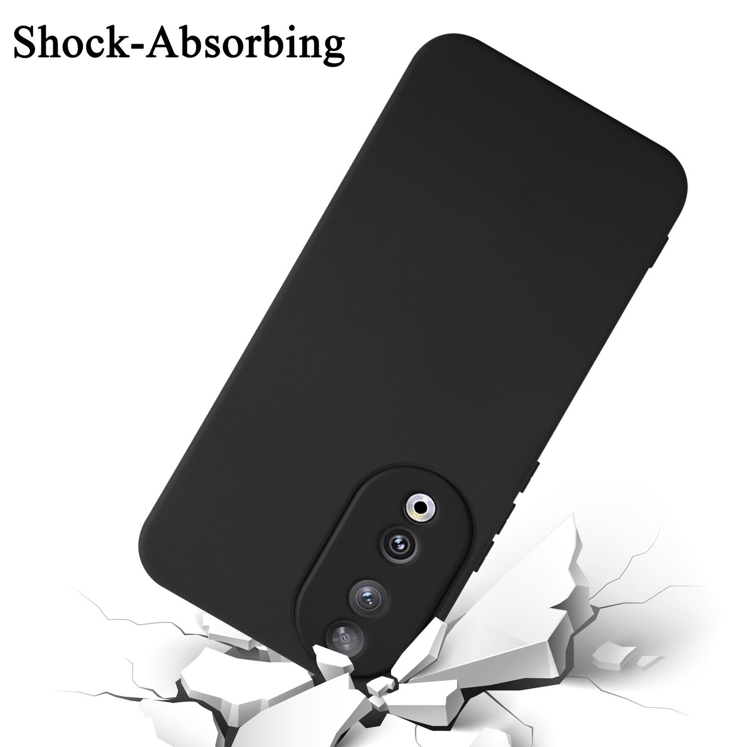 Custodia nera per telefono inclinata, che spacca il suolo. Testo: Antishock.