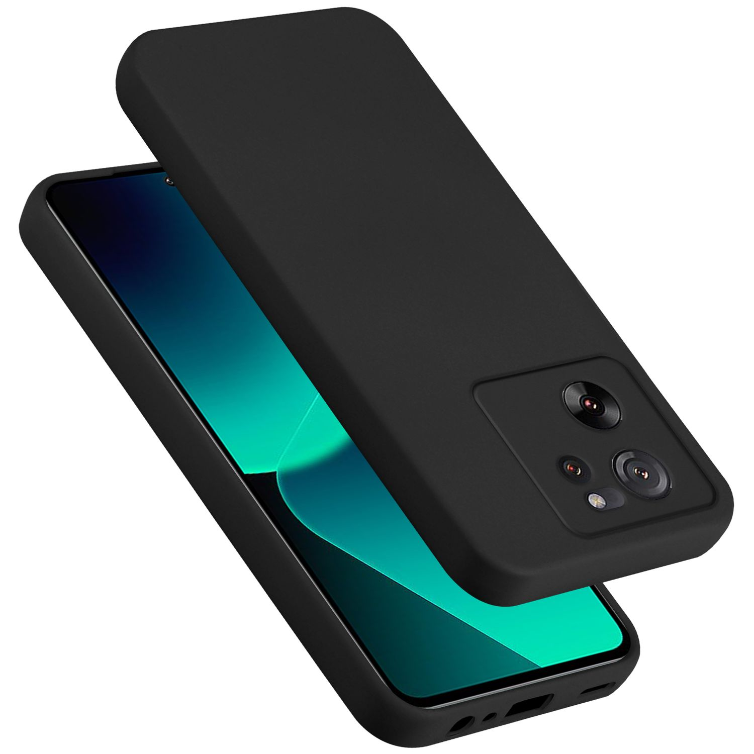 Eine schwarze Handyhülle mit Telefon und Kamera. Das Telefon ist schwarz und hat eine Kamera. Die Hülle ist schwarz.