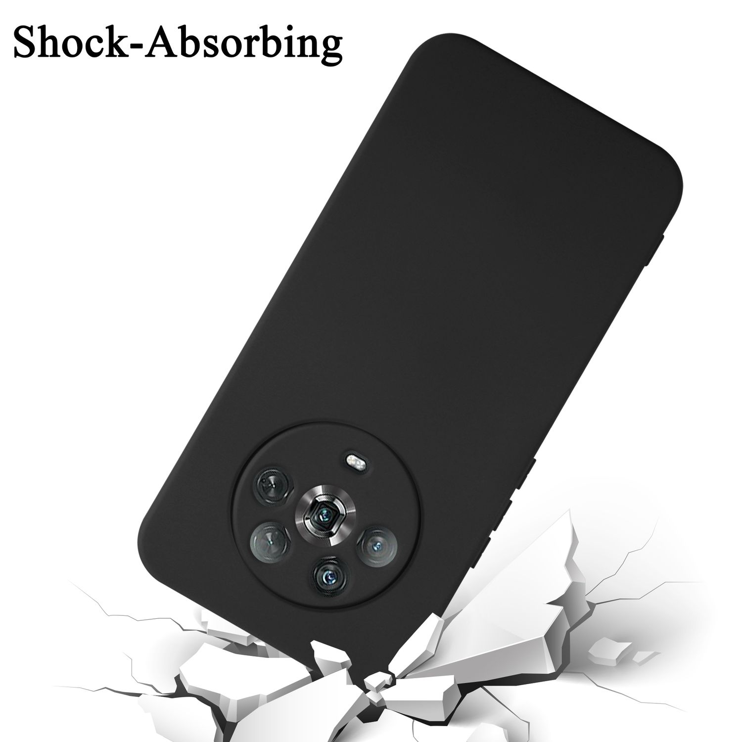 Custodia per telefono nera, che assorbe gli urti. La custodia ha un rialzo per la fotocamera ed è rotta da una superficie bianca.
