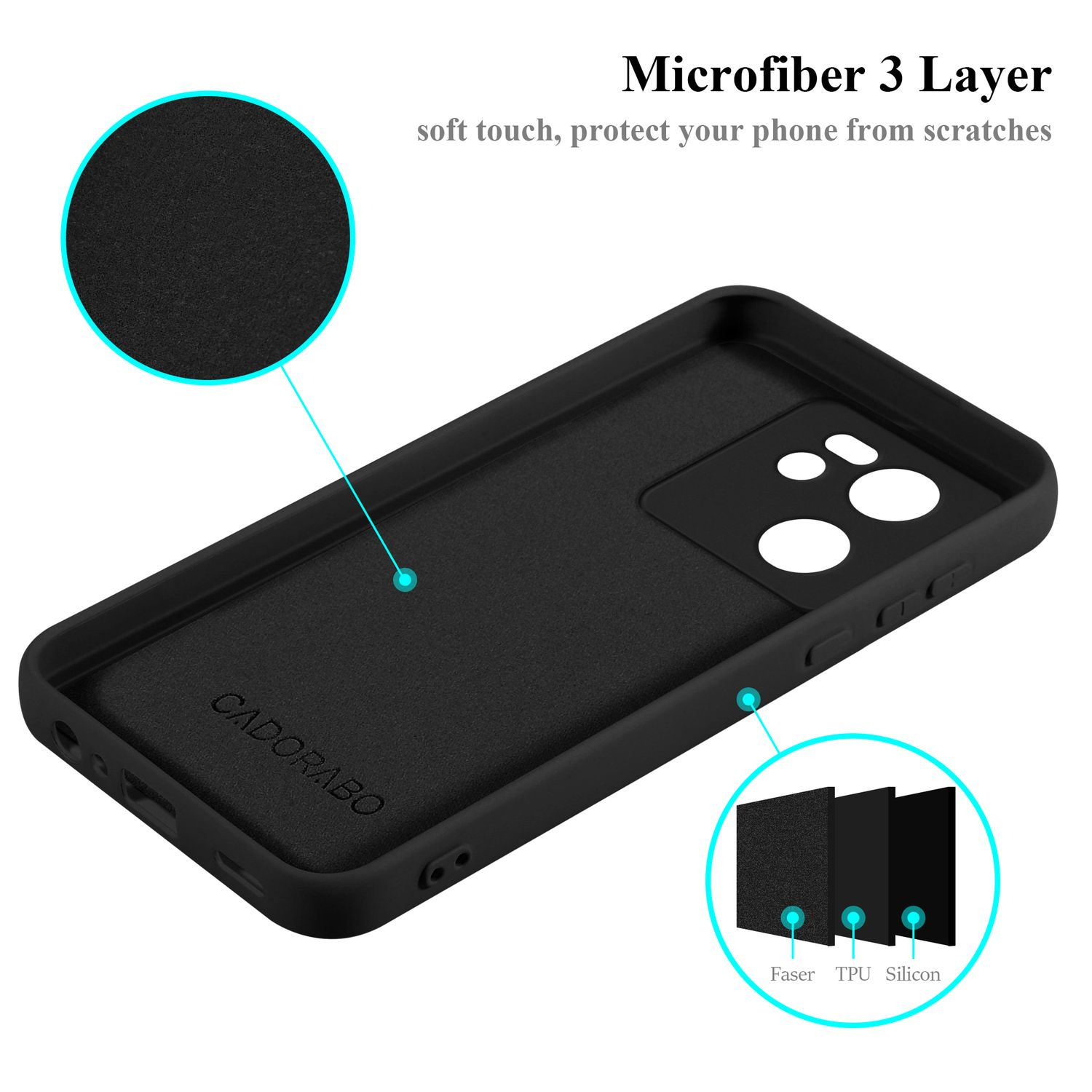 Eine schwarze Handyhülle mit detaillierter Innenseite und Schichtdiagramm.