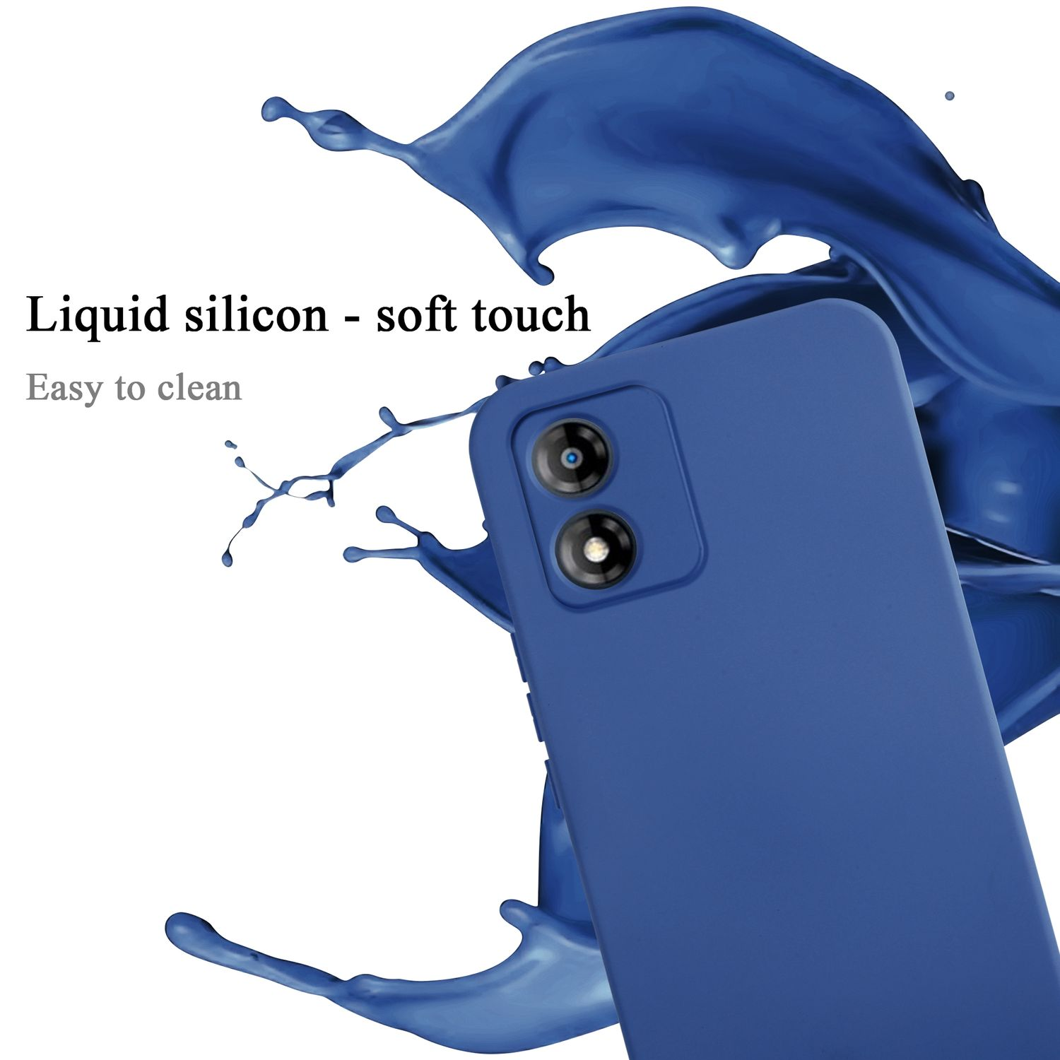 Una custodia blu per telefono con schizzi di liquido.