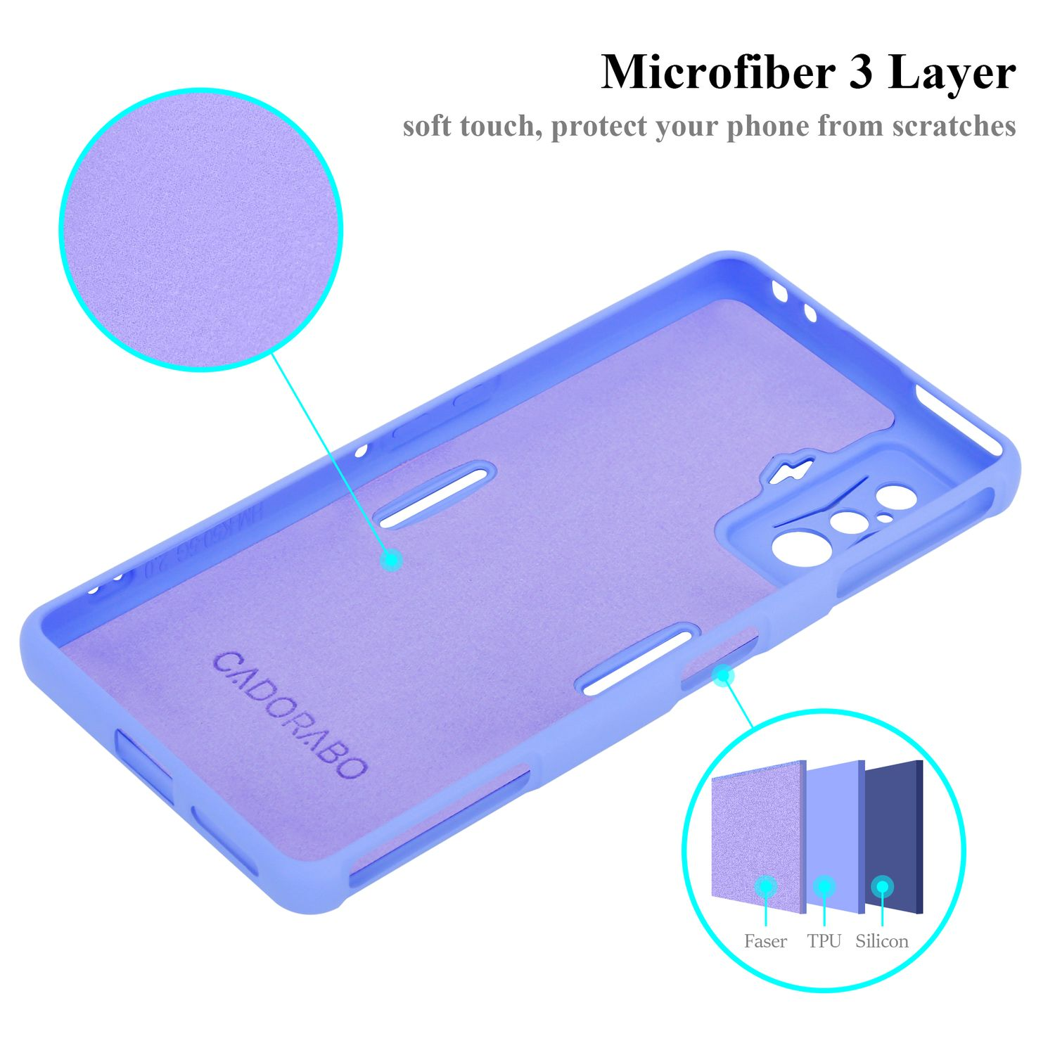 Custodia per telefono con strato in microfibra e diagramma degli strati, blu e viola. Sfondo bianco.