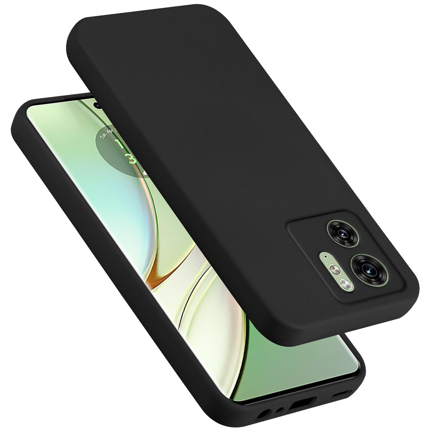 Custodia nera su un telefono, angolata. Dettagli della fotocamera visibili.