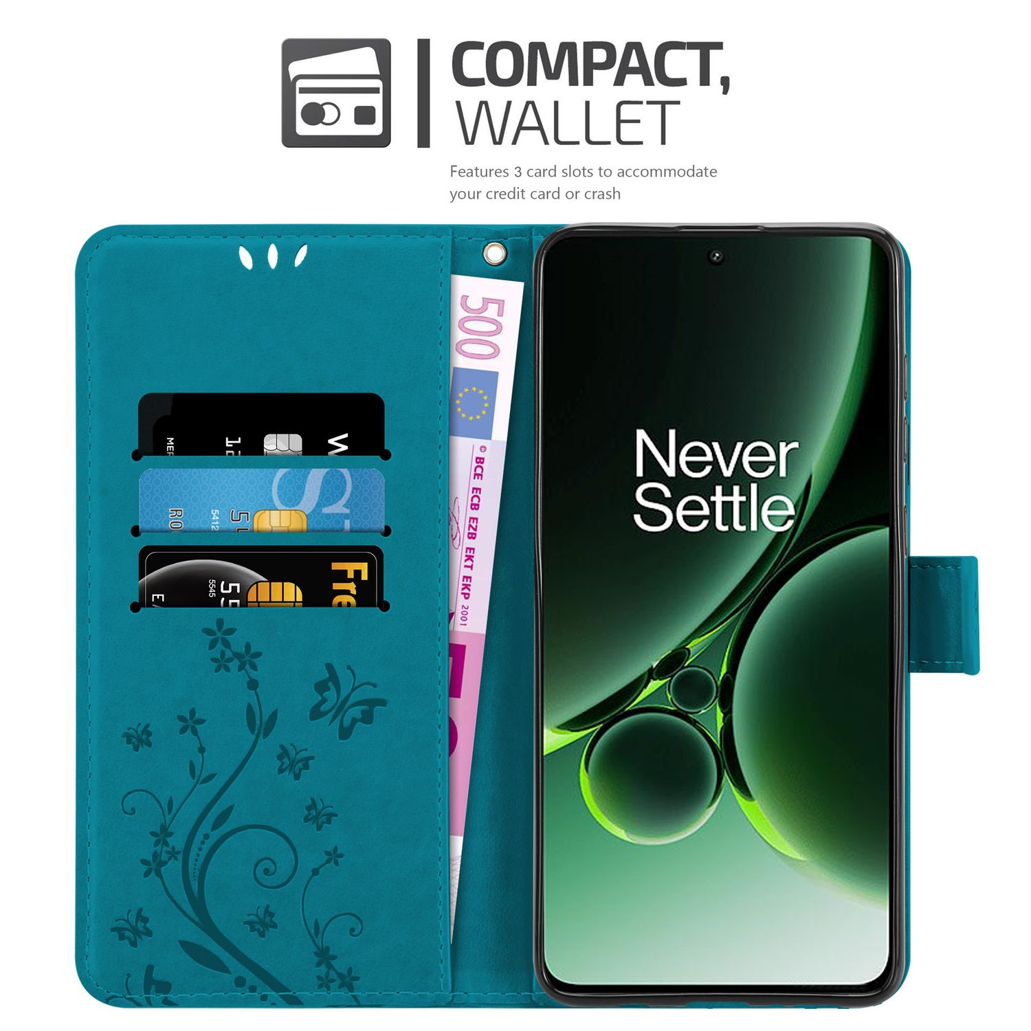Un portafoglio con custodia per telefono color teal aperto con un telefono, carte di credito e denaro all'interno, su sfondo bianco.