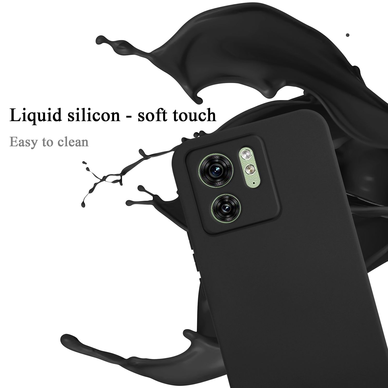Custodia per telefono in silicone nero con ritagli per la fotocamera e texture in silicone liquido.