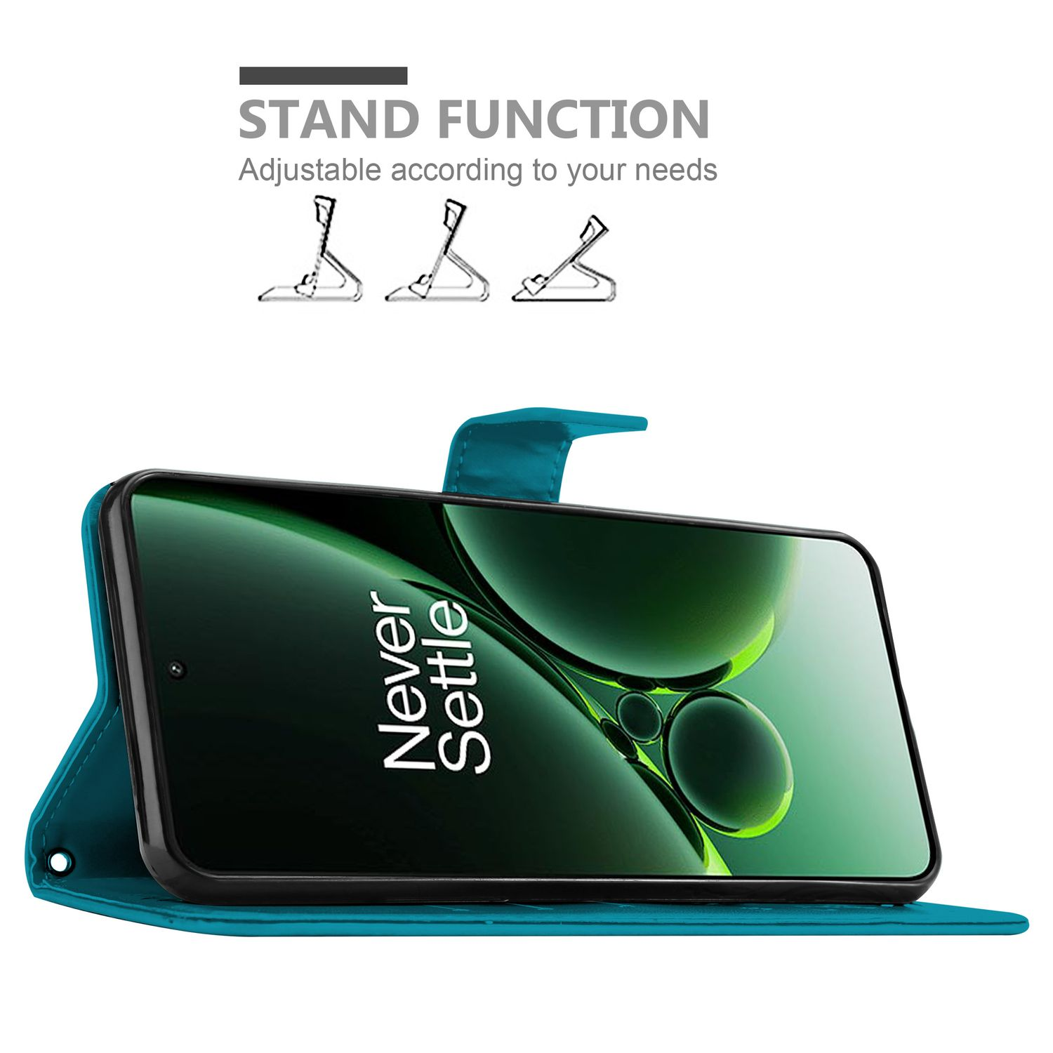 Custodia per telefono con un telefono dentro. È blu e ha una funzione di supporto.
