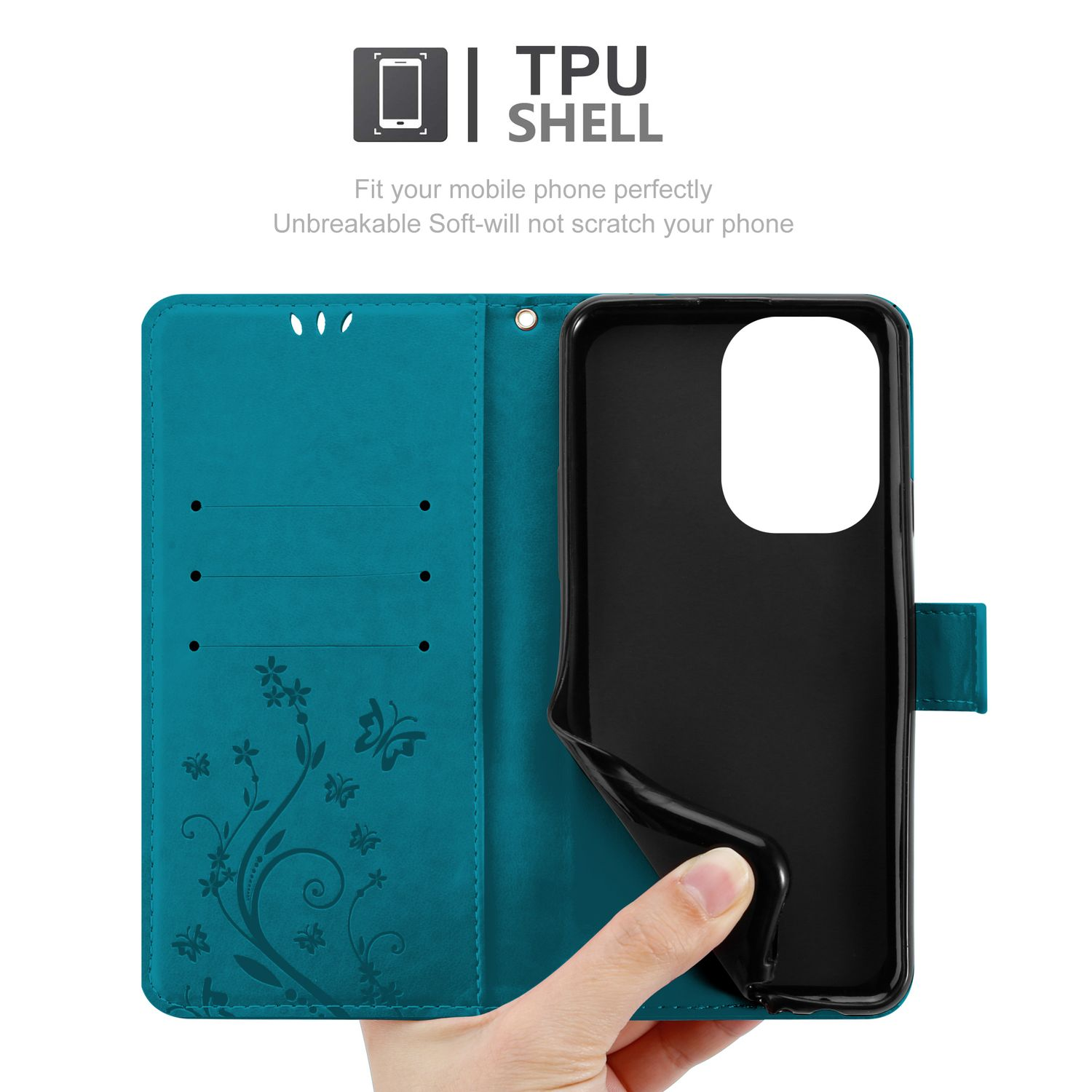 Custodia per telefono color turchese con design floreale aperta, che rivela un telefono.