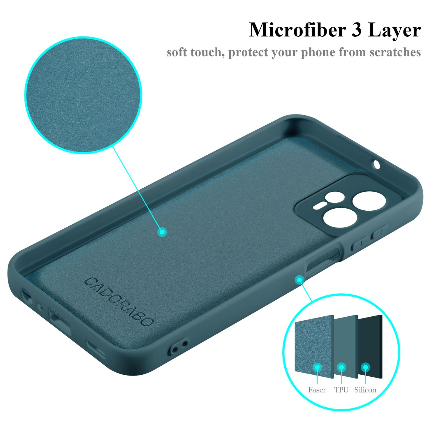 Interno della custodia per telefono verde acqua, con testo: Microfibra 3 strati e logo Cadorabo.