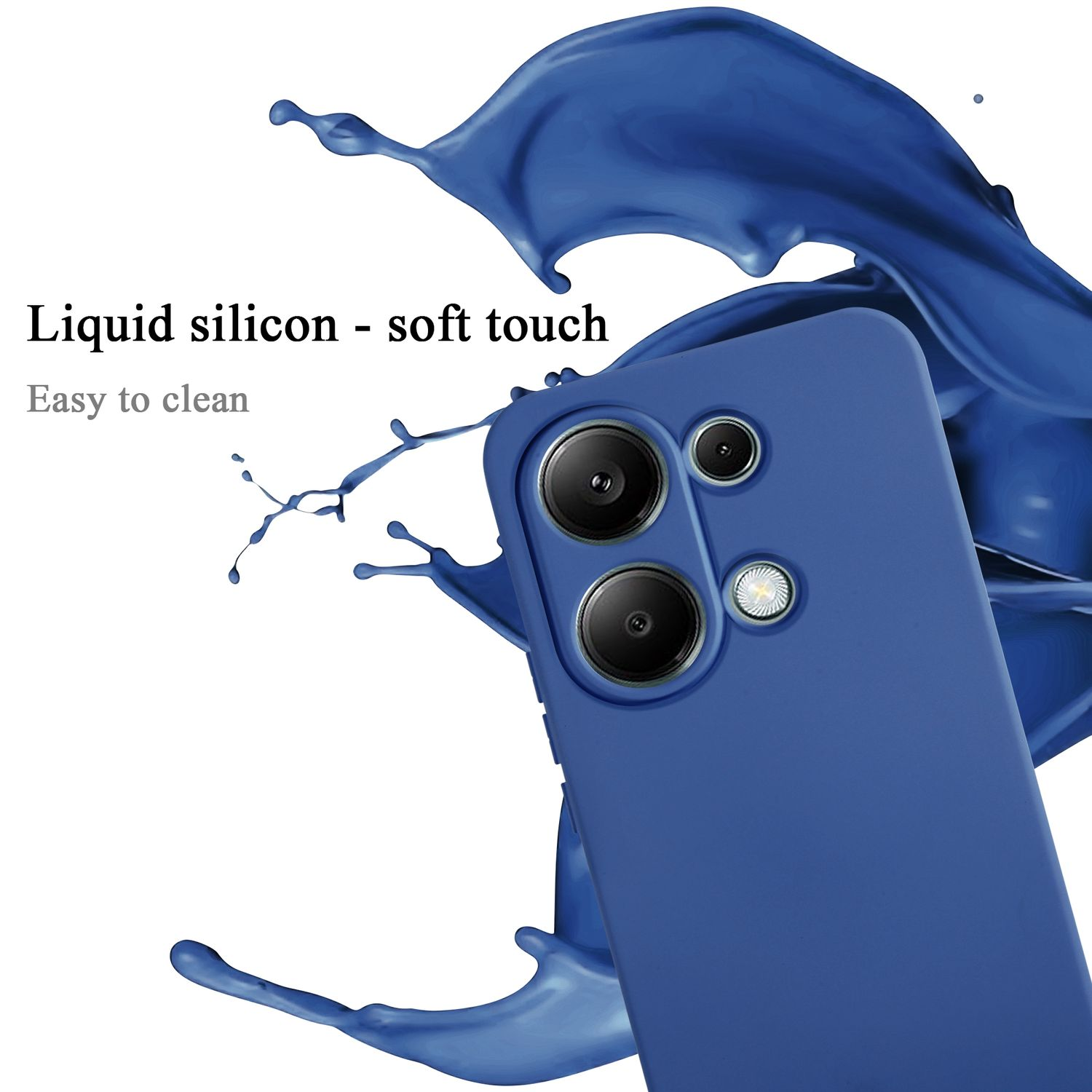 Custodia blu con schizzo di vernice blu. Testo 'Liquid silicon - soft touch' visibile.