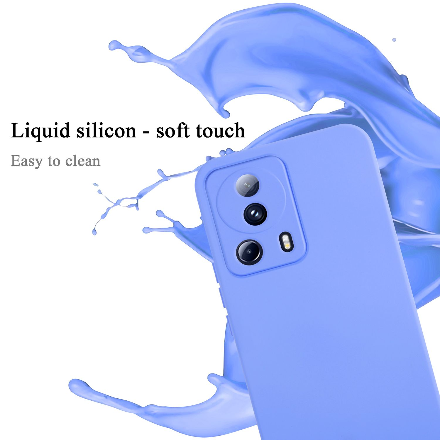 Blaue Handyhülle mit Flüssigkeitsspritzer.