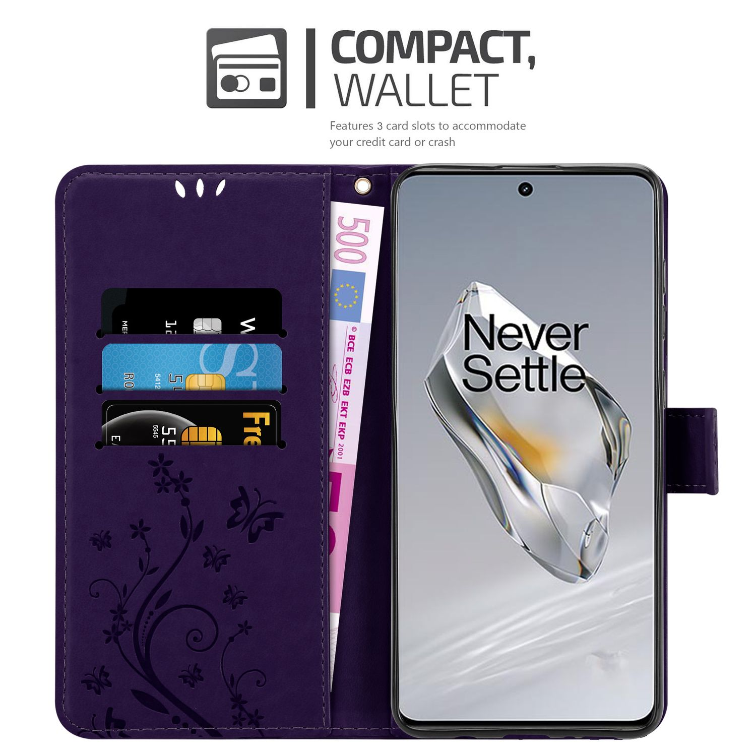 Una custodia per telefono viola con un telefono all'interno. Ci sono testo e slot per schede all'interno.