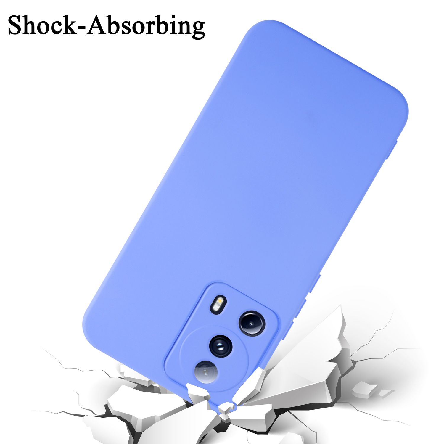 Eine hellblaue Handyhülle mit einem Telefon darin, das auf zerbrochene weiße Fliesen fällt.