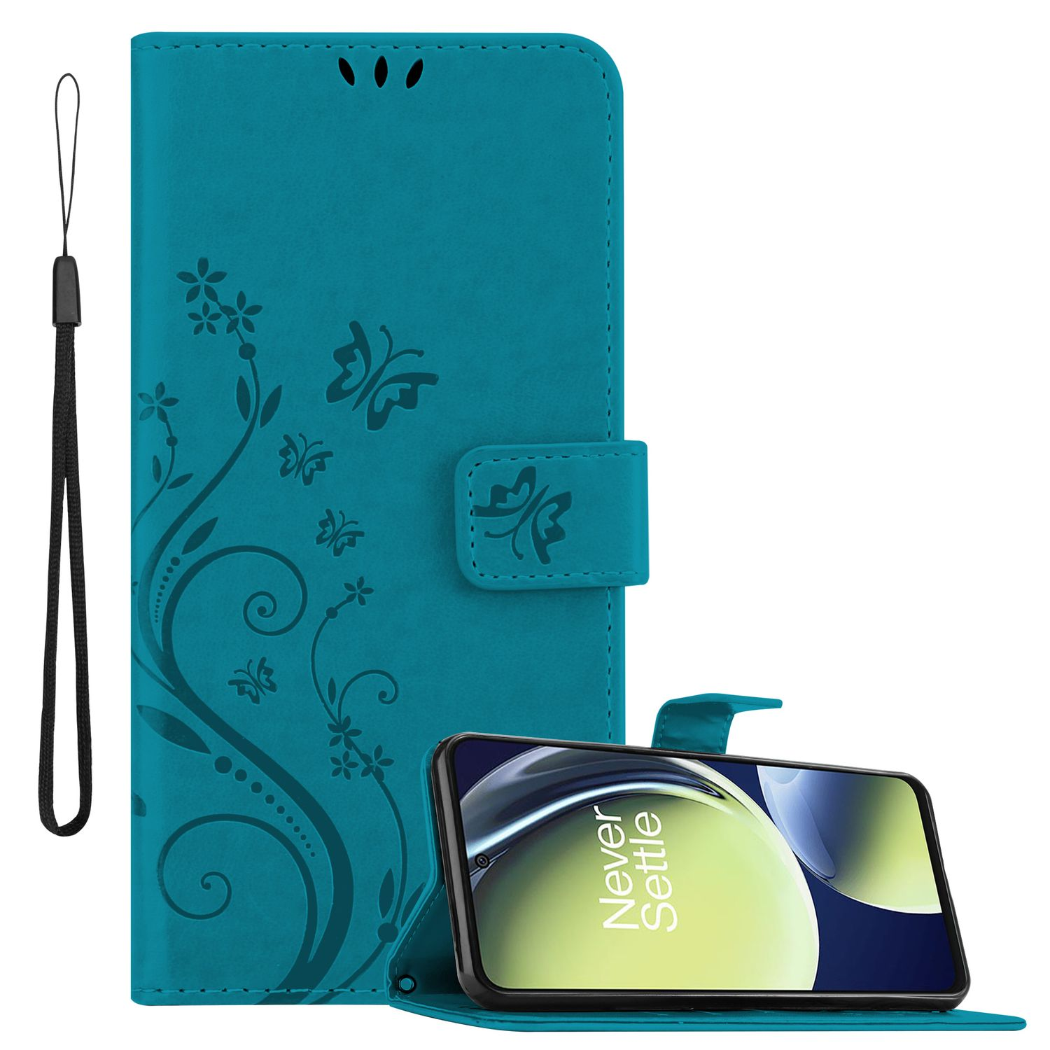 Custodia per telefono turchese con design floreale e smartphone con testo "Never Settle".