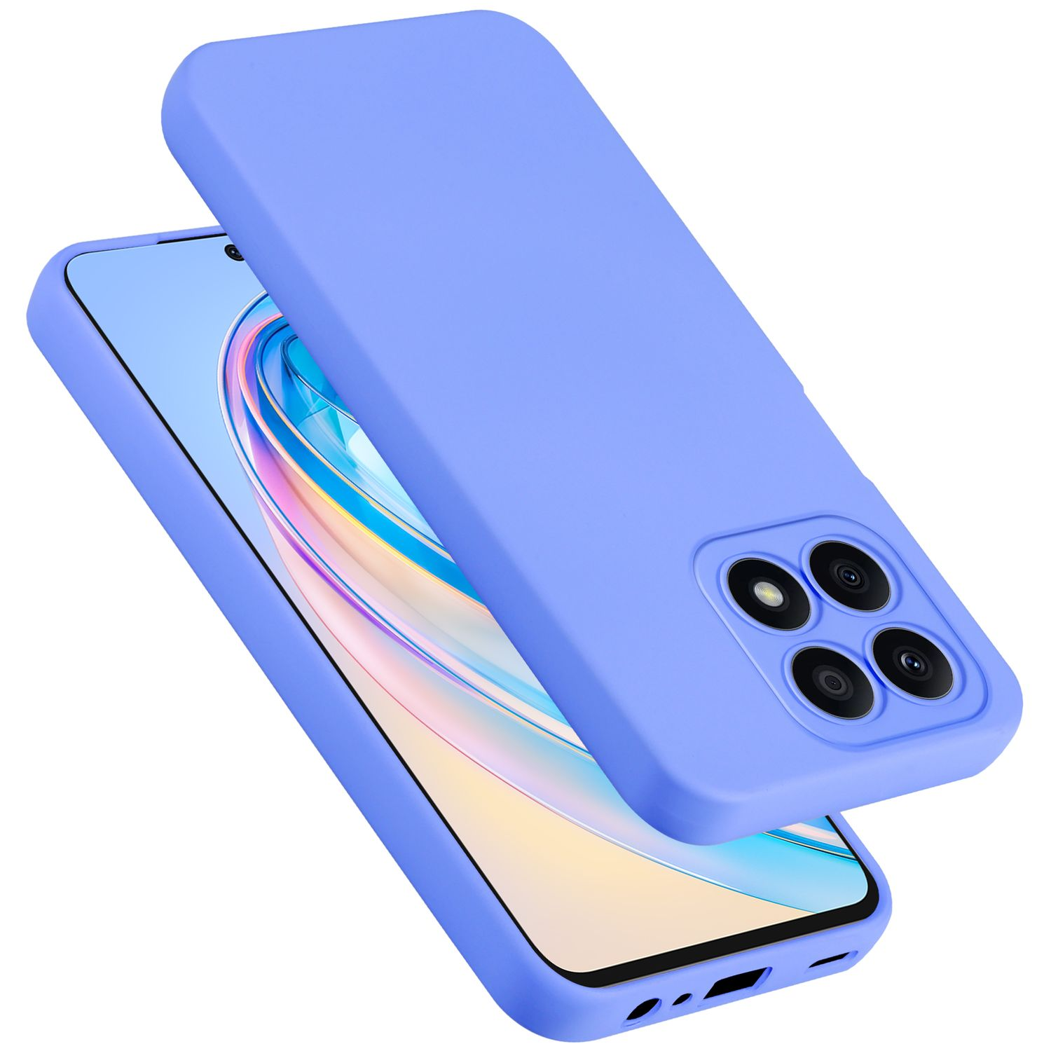 Custodia per telefono azzurra con un telefono all'interno. Il telefono ha uno schermo con sfondo colorato e più fotocamere.