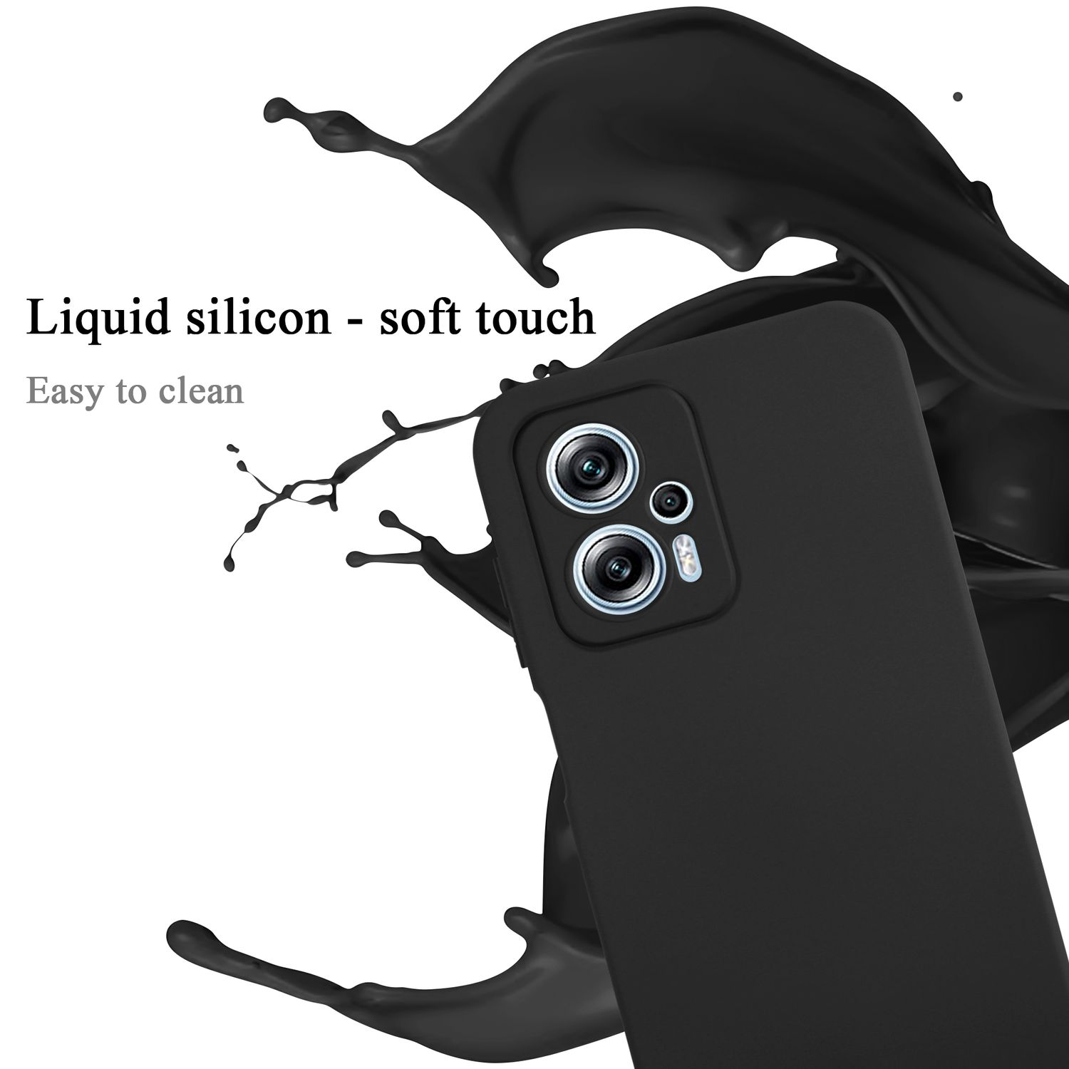 Custodia per telefono nera con un telefono. Mostra silicone liquido e facile da pulire.