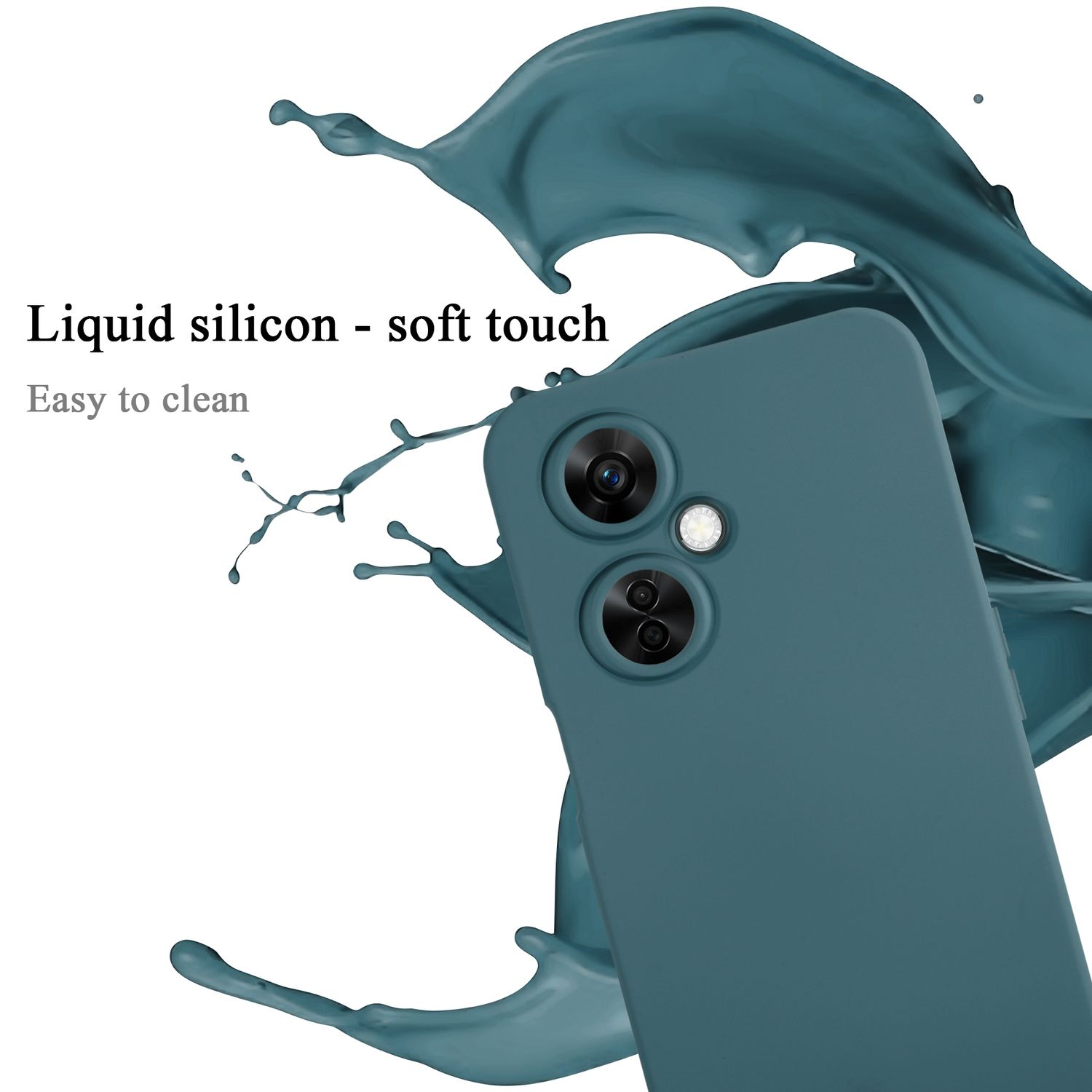 Custodia verde acqua con due lenti, effetto vernice, testo 'Silicone liquido - tocco morbido'.
