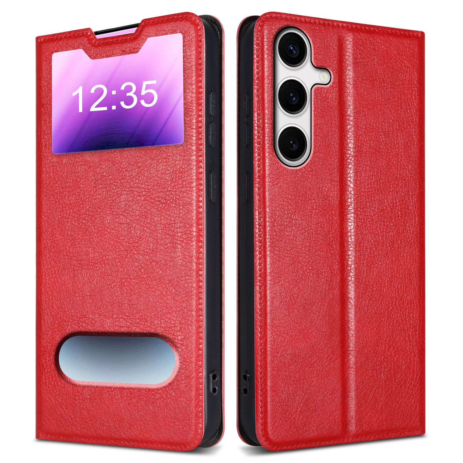 Custodia rossa per telefono con finestra, che mostra l'ora, e un modulo fotocamera sul lato.
