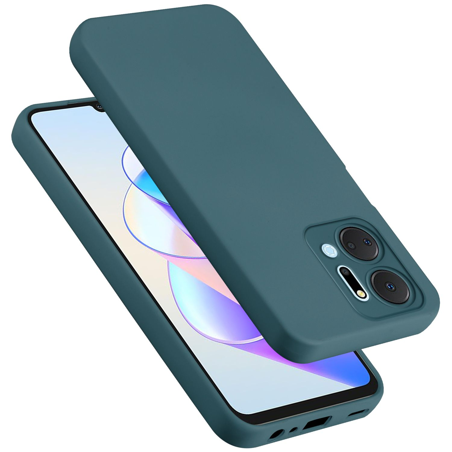 Una custodia per telefono verde acqua con un telefono all'interno e la cover superiore aperta.