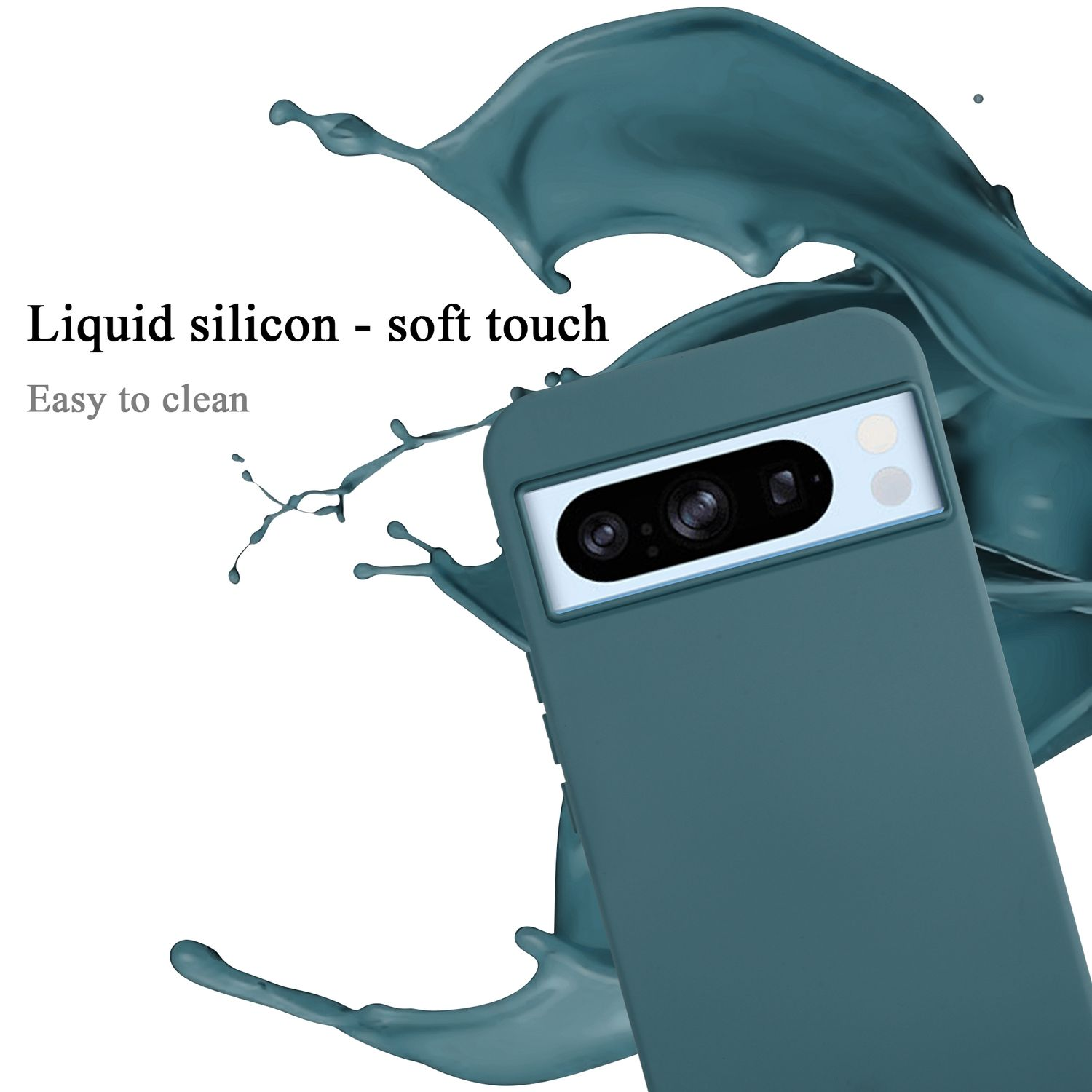 Custodia per telefono. Verde acqua, silicone liquido. Un telefono con fotocamere visibile. Schizzi.