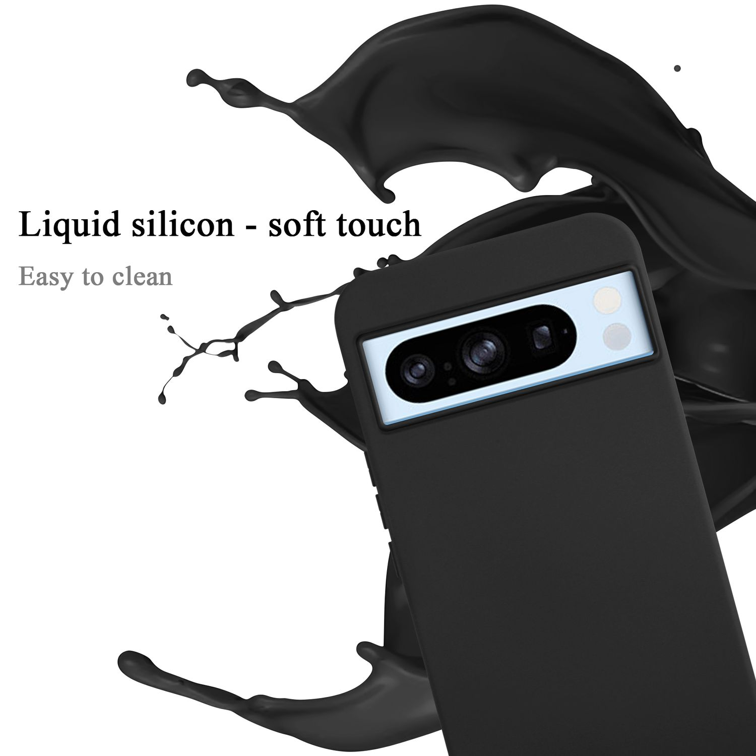 Una custodia nera per telefono con un telefono all'interno, con uno schizzo di liquido nero intorno.