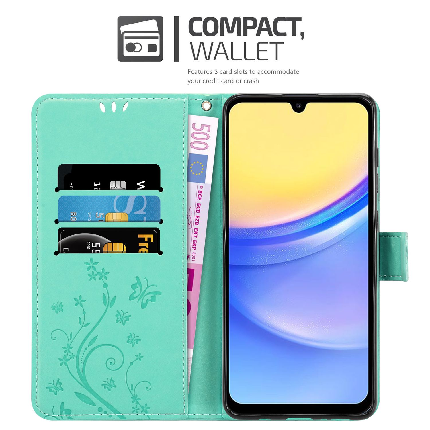 Custodia a portafoglio per telefono turchese aperta con carte, banconota e telefono con schermo colorato.