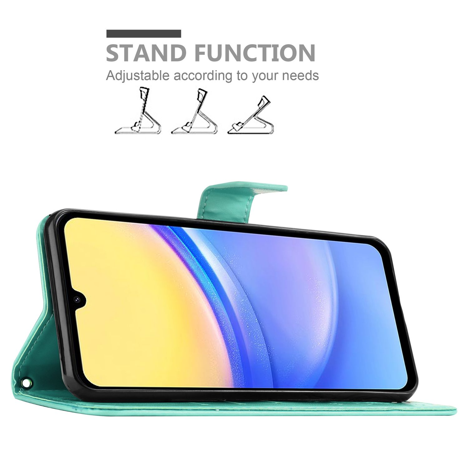 Telefono in una custodia verde acqua. La custodia è aperta, rivelando lo schermo. Funzione supporto mostrata.