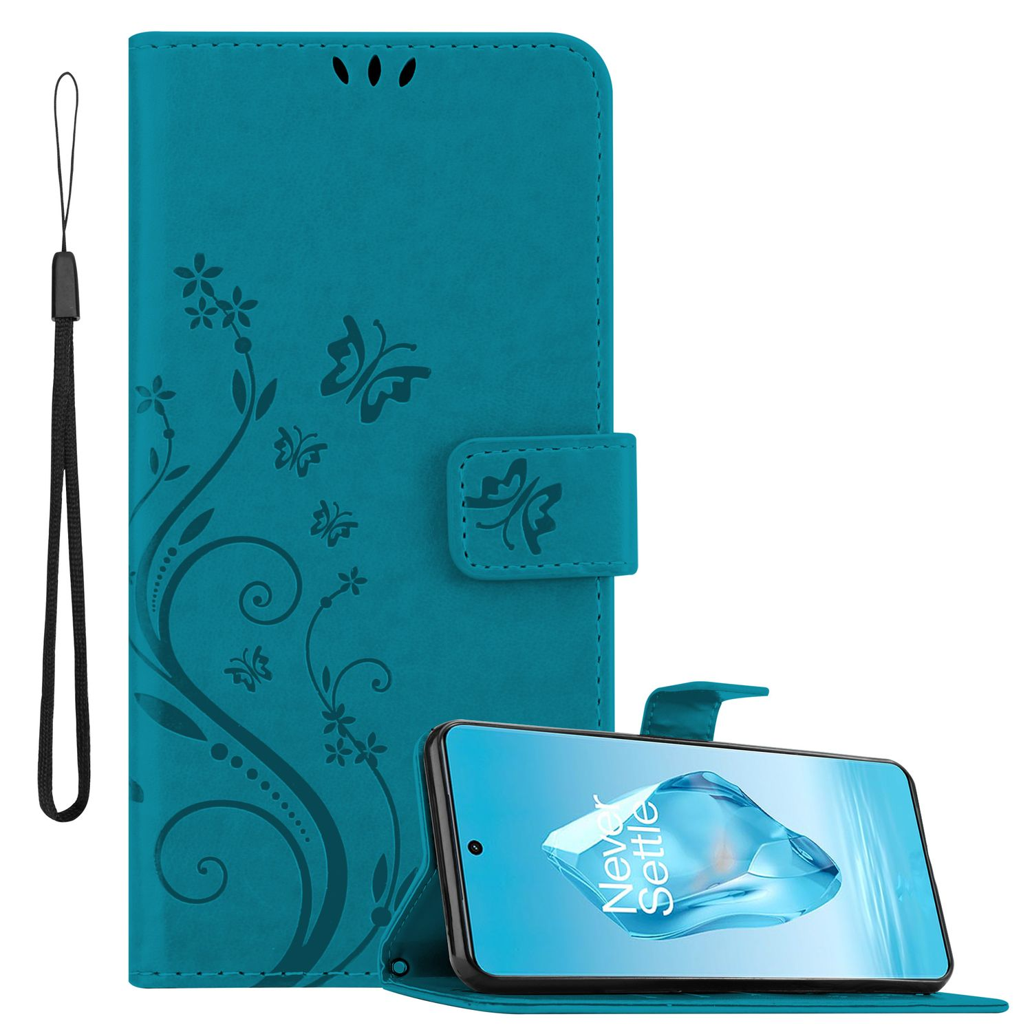 Una custodia per telefono verde acqua con un telefono all'interno, con disegni di farfalle e fiori.