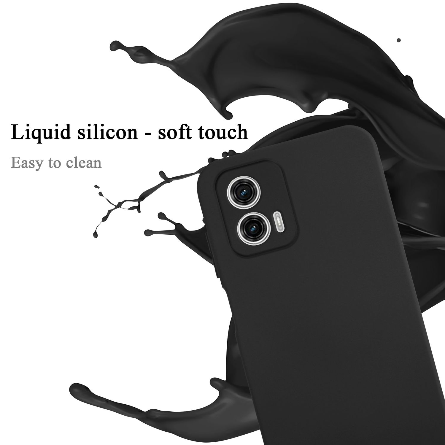 Custodia nera per telefono con quattro lenti della fotocamera, davanti a uno spruzzo nero e al testo 'Liquid silicon'.