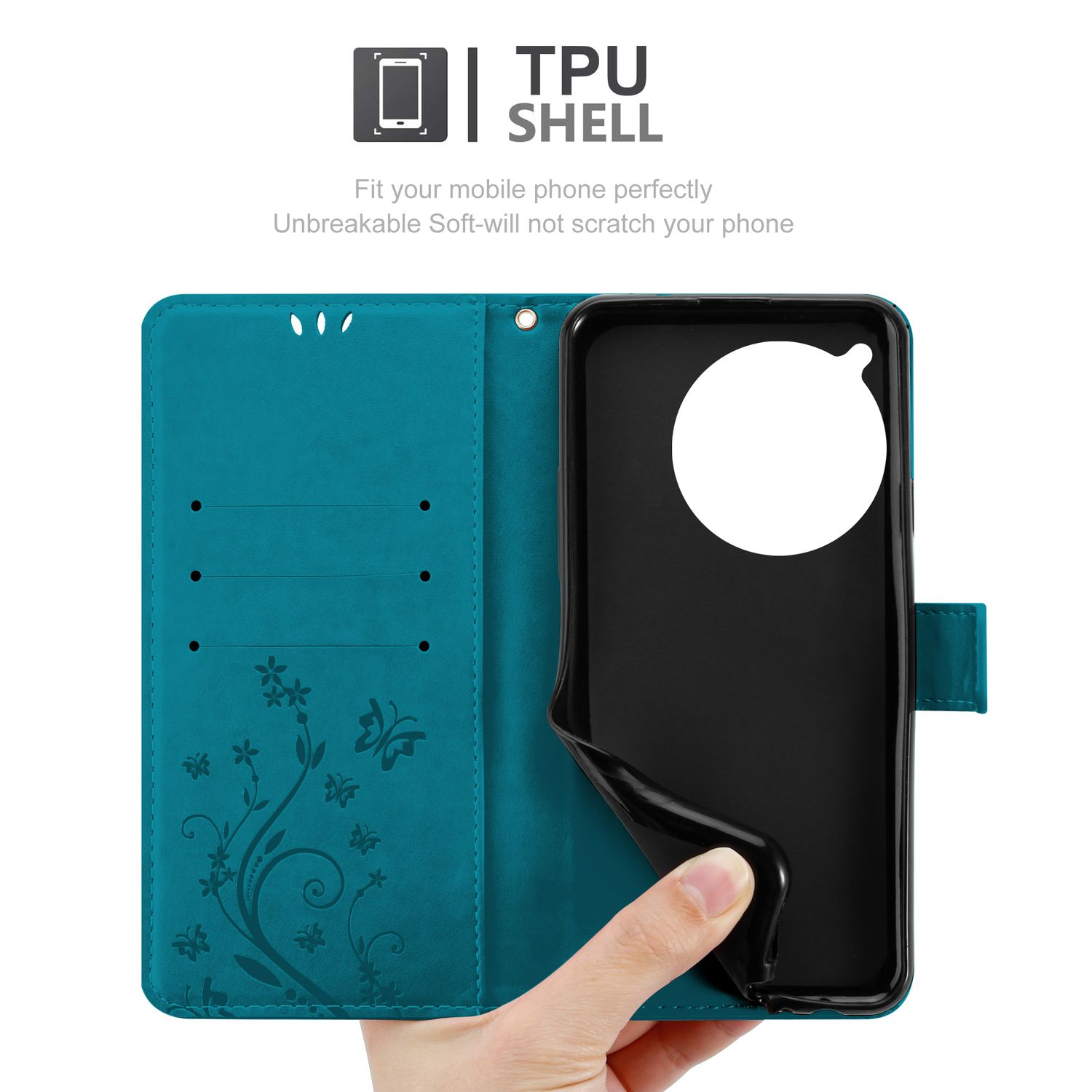 Custodia per telefono verde acqua in stile portafoglio con un design floreale, mostrata aperta. Testo: TPU SHELL.