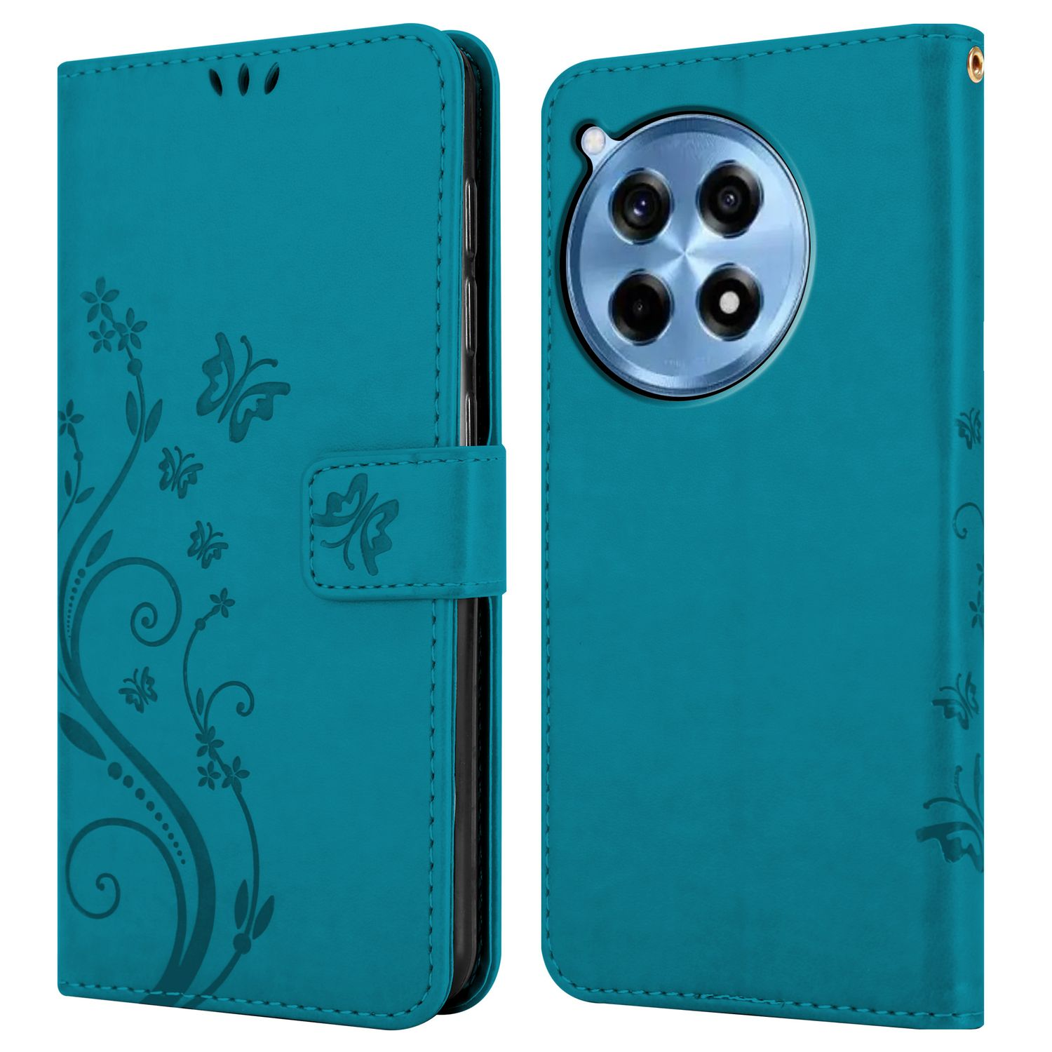 Custodia per telefono verde acqua, chiusa, con un design floreale. La parte posteriore del telefono è visibile.