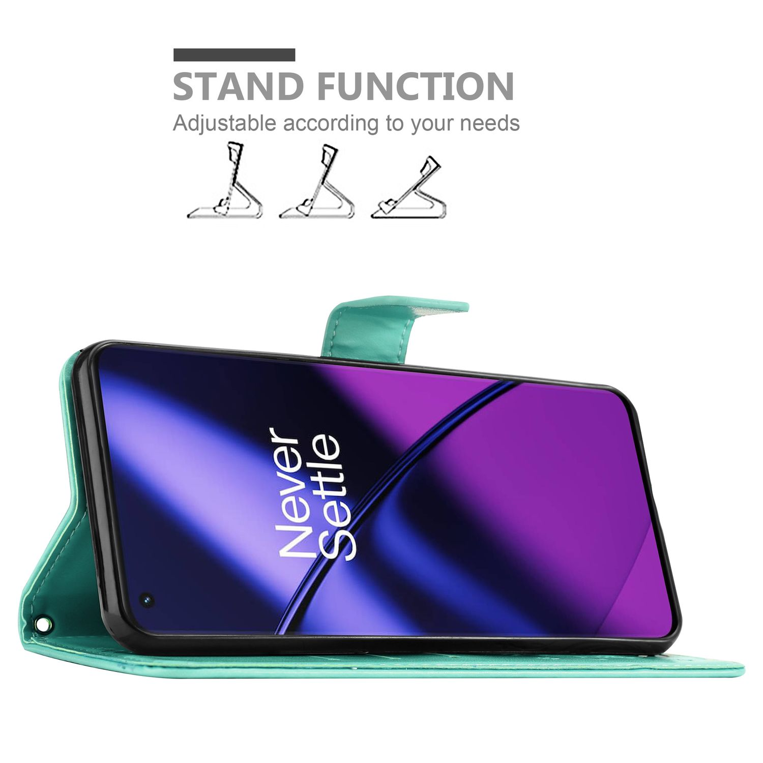 Custodia per telefono verde acqua con telefono. Funzione di supporto mostrata. Il telefono mostra "Never Settle".