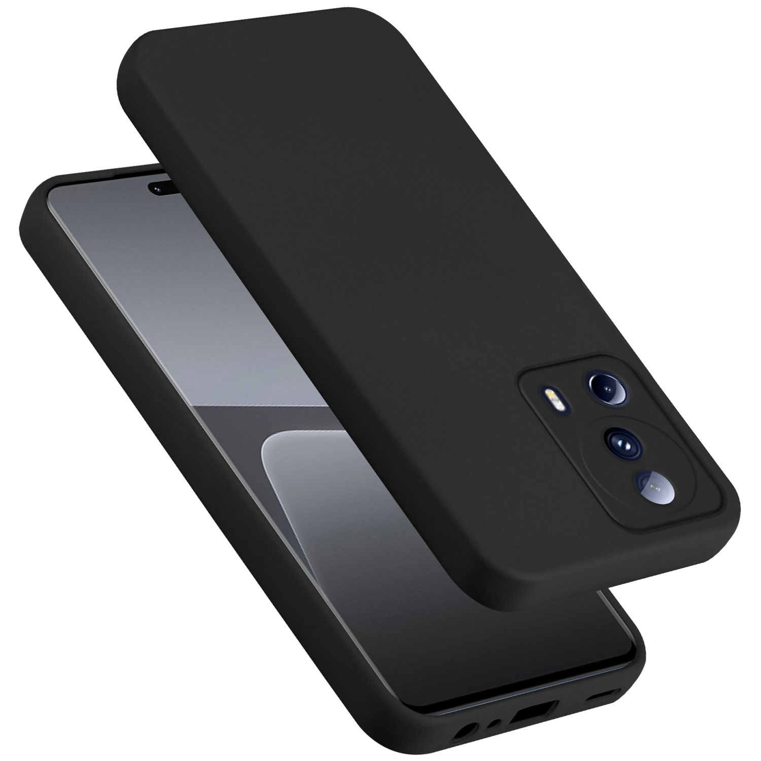Sono esposti una custodia e un telefono neri. La custodia ha un ritaglio per la fotocamera ed è leggermente angolata.