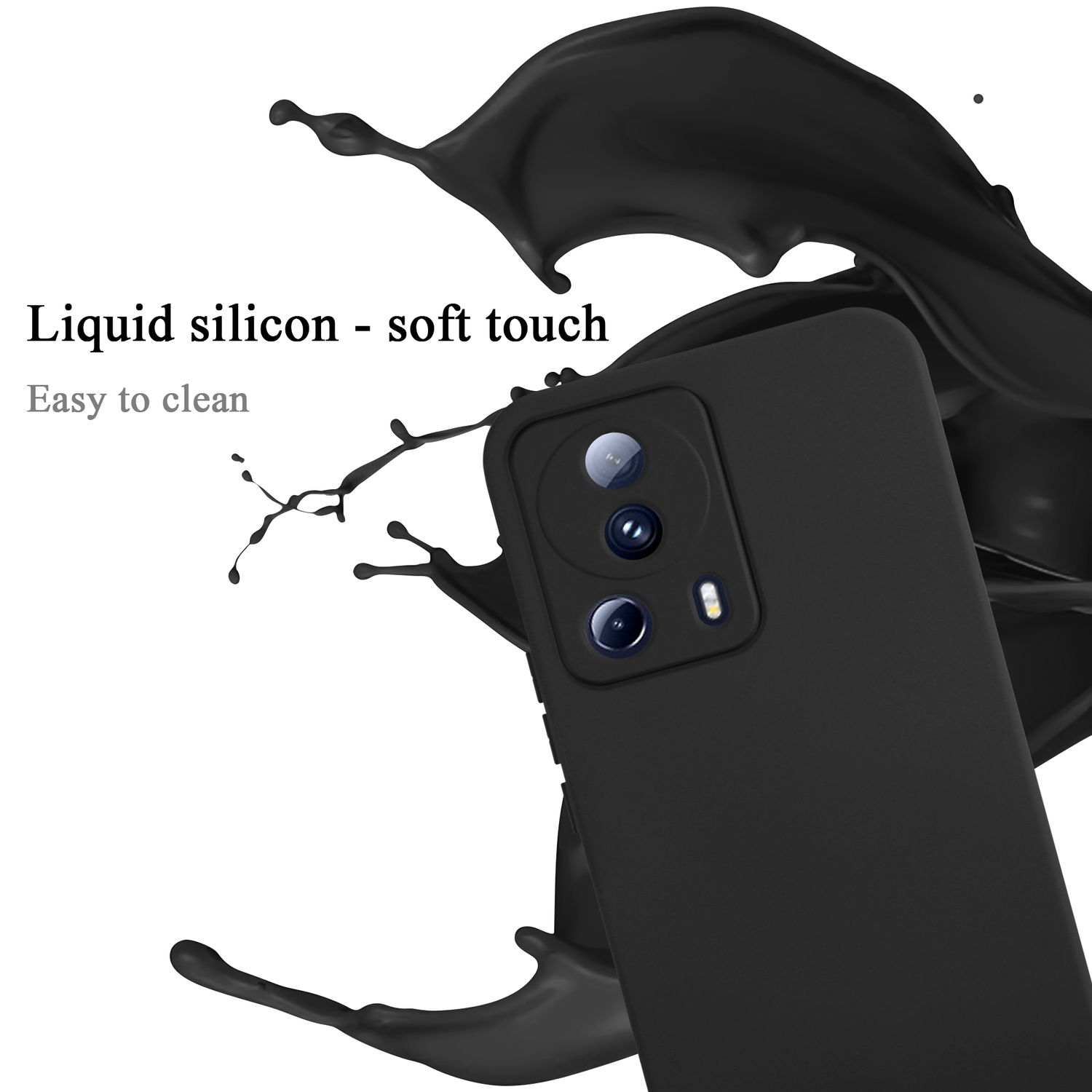 Custodia nera per telefono con silicone liquido. La custodia ha un effetto splash ed è per un telefono con più fotocamere.